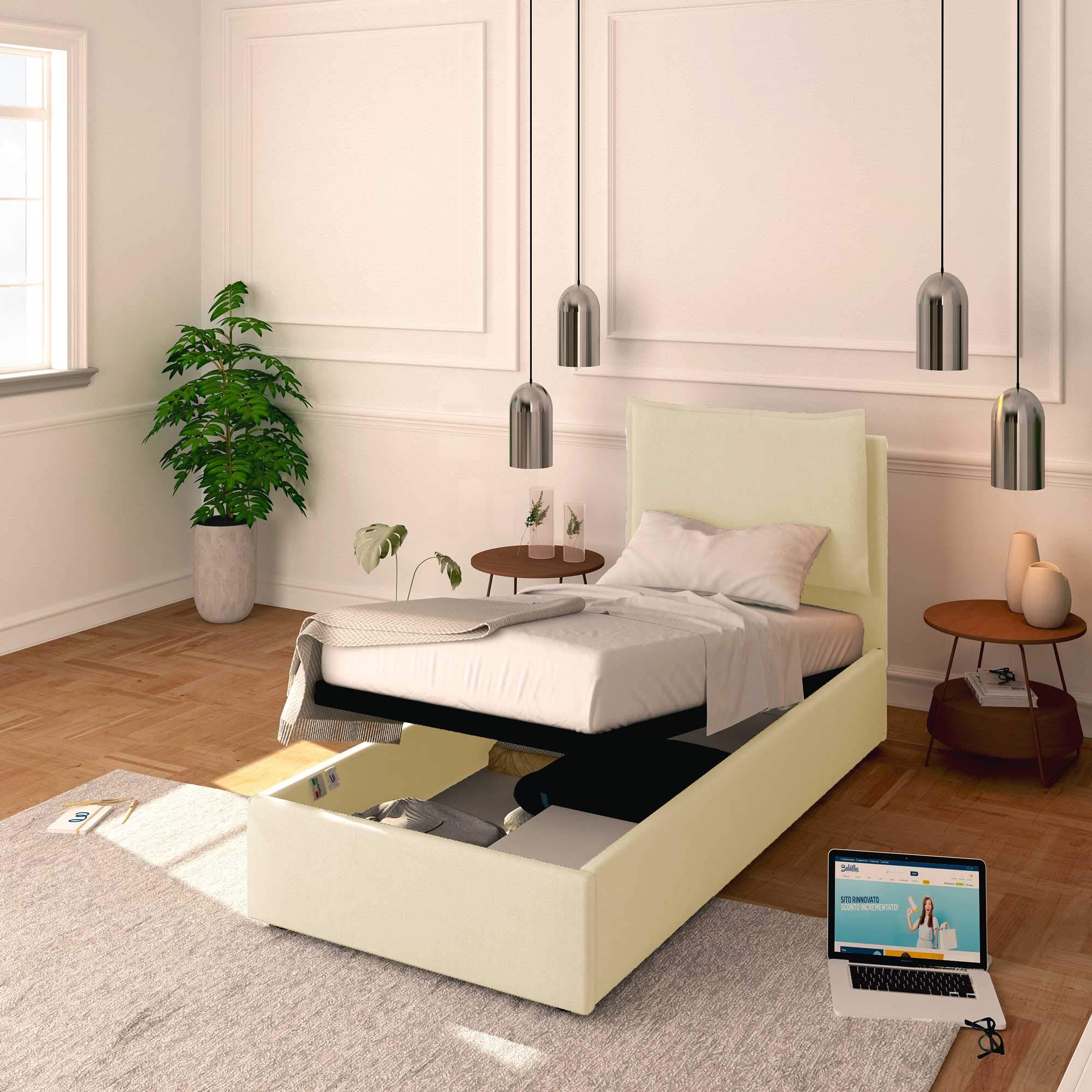 Baldiflex Single Bed with Storage, Licia Model, Synthetic Leather Upholstery, Slatted Base for Single Mattresses, 80 x 190 cm, Cream Color - Perfect for Small Bedrooms, Guest Rooms & Studio Apartments
