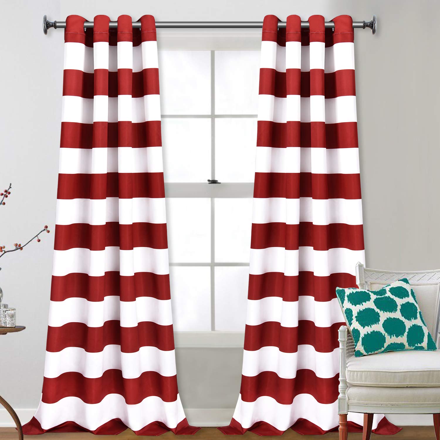 VERTKREA Striped Grommet Curtains 52x84 Inches - Red Set of 2 for Bedroom & Living Room - Light Filtering & Privacy