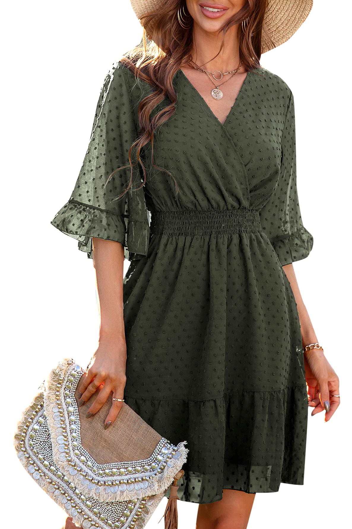 BIPASION Women's Summer Dresses - Flowy Chiffon Mini Dress with V Neck & Flutter Sleeves, Casual Swiss Dot Sundress for Beach, Party, and Everyday Wear