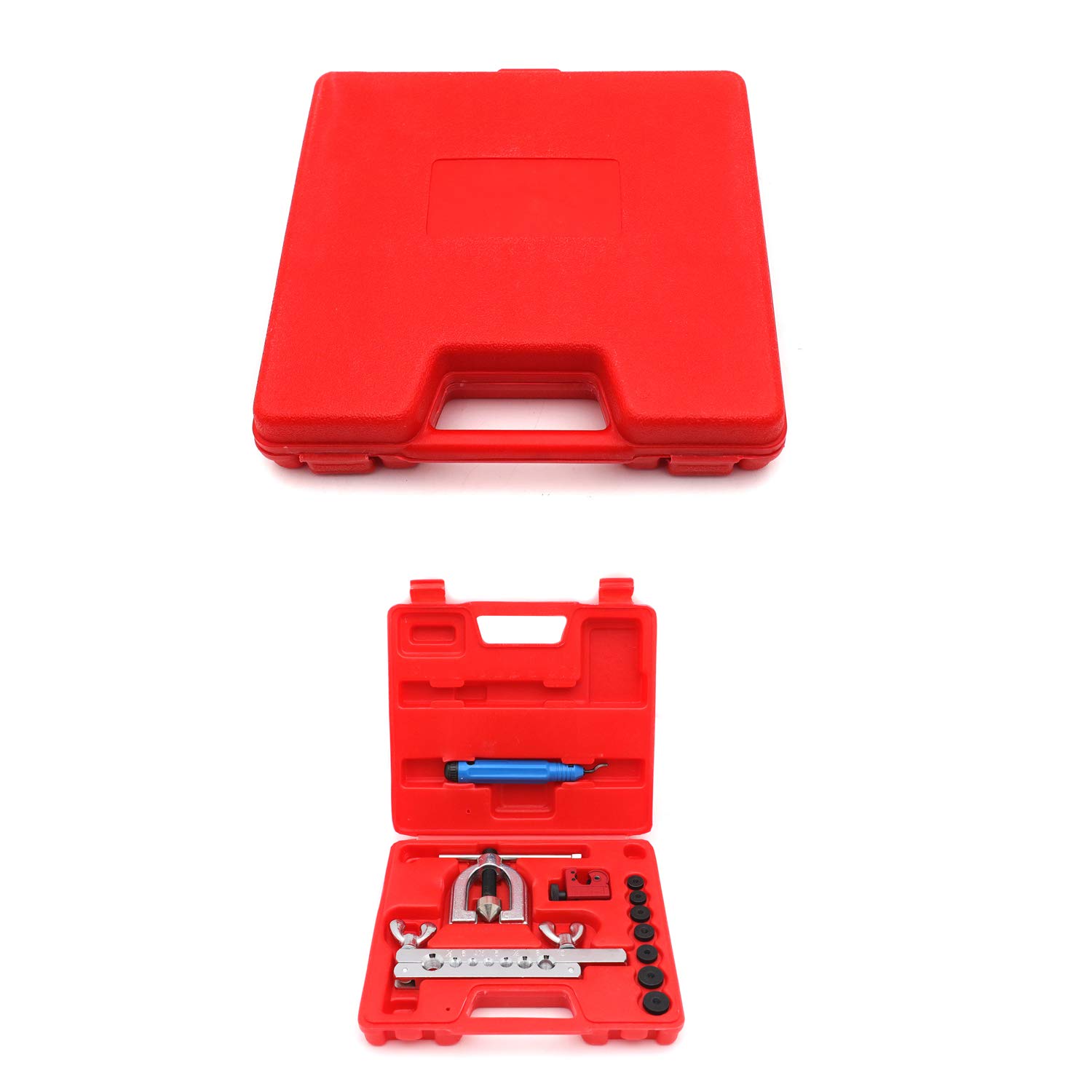 HK-7 Dies Double Flaring Tool Kit for Brake Lines - Professional Copper & Brass Tubing Flaring Tool with Case - Perfect for Car, Truck, and Mini Pipe Repair - Includes Cutter & Deburrer (ET-TOOL025-RED) - Ideal for DIY Auto Maintenance and Professional Mechanic Workshops