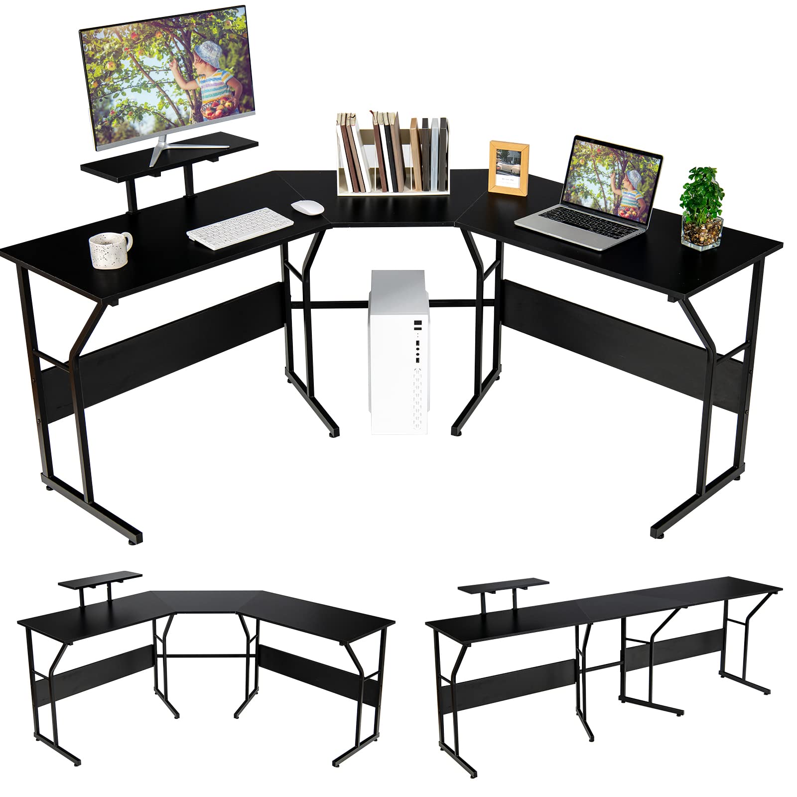 Tangkula L-Shaped Reversible Computer Desk for Home Office - 2 Person Workstation with Adjustable Monitor Stand, Spacious Corner Desk for Working, Writing & Gaming (Black) | Perfect for Small Spaces, Shared Workspaces & Gaming Setups