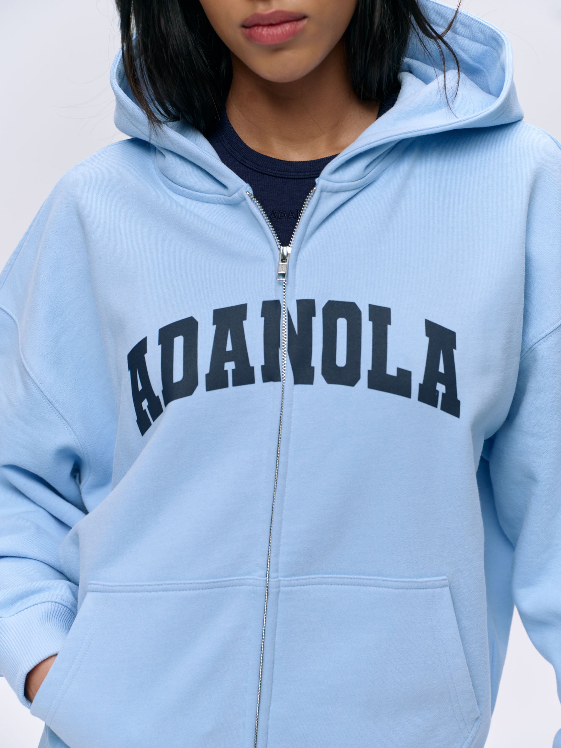 Varsity Oversized Full Zip Hoodie for Men & Women - Soft Cotton Blend, Powder Blue & Navy Blue - Cozy Pullover for Casual Wear, College Style, Street Fashion