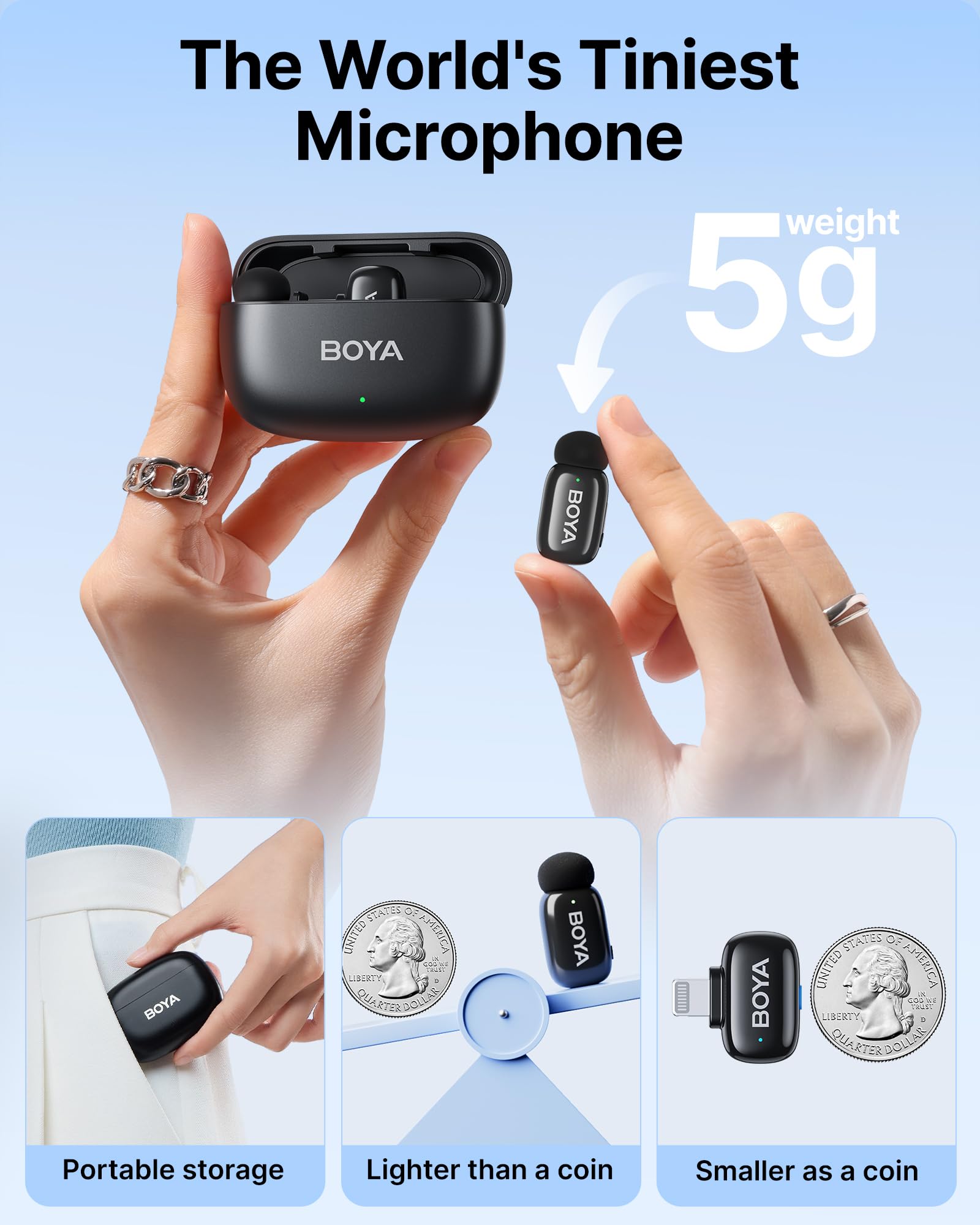 BOYA Mini Wireless Mic for iPhone Android PC - MFi Certified, Noise Reduction, 30H Battery for Video Podcast Recording