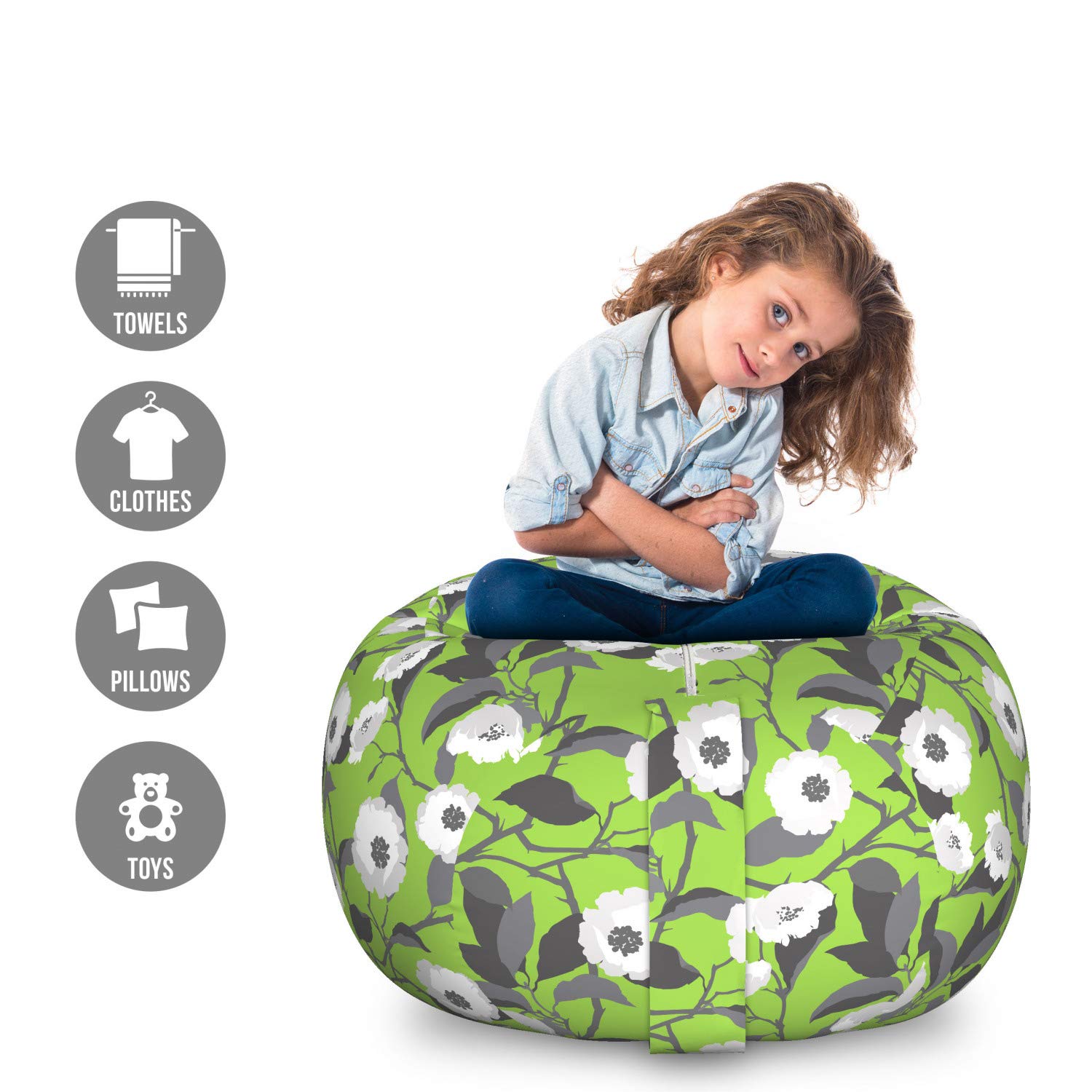 Ambesonne Floral Storage Toy Bag Chair - Large Washable Stuffed Animal Organizer with Digitally Printed Big Leaf Flower Design in Lime Green & Multicolor - Perfect for Kids' Room, Nursery, Playroom & Home Organization