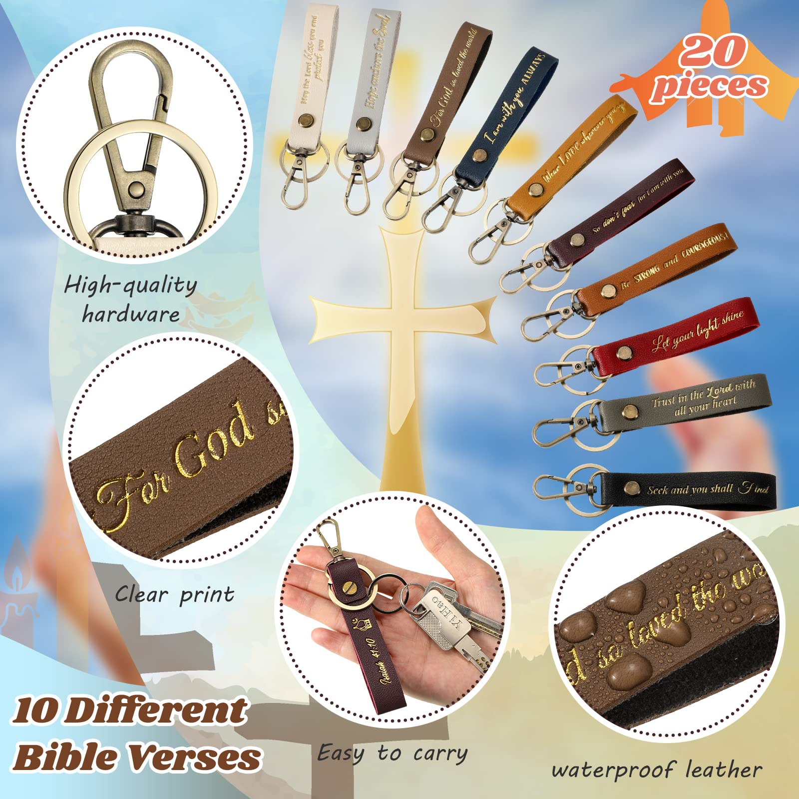 20 Pcs Christian Leather Keychains with Bible Verses - Religious Inspirational Key Rings for Easter Gifts, Daily Faith Encouragement & Car Keys Accessories