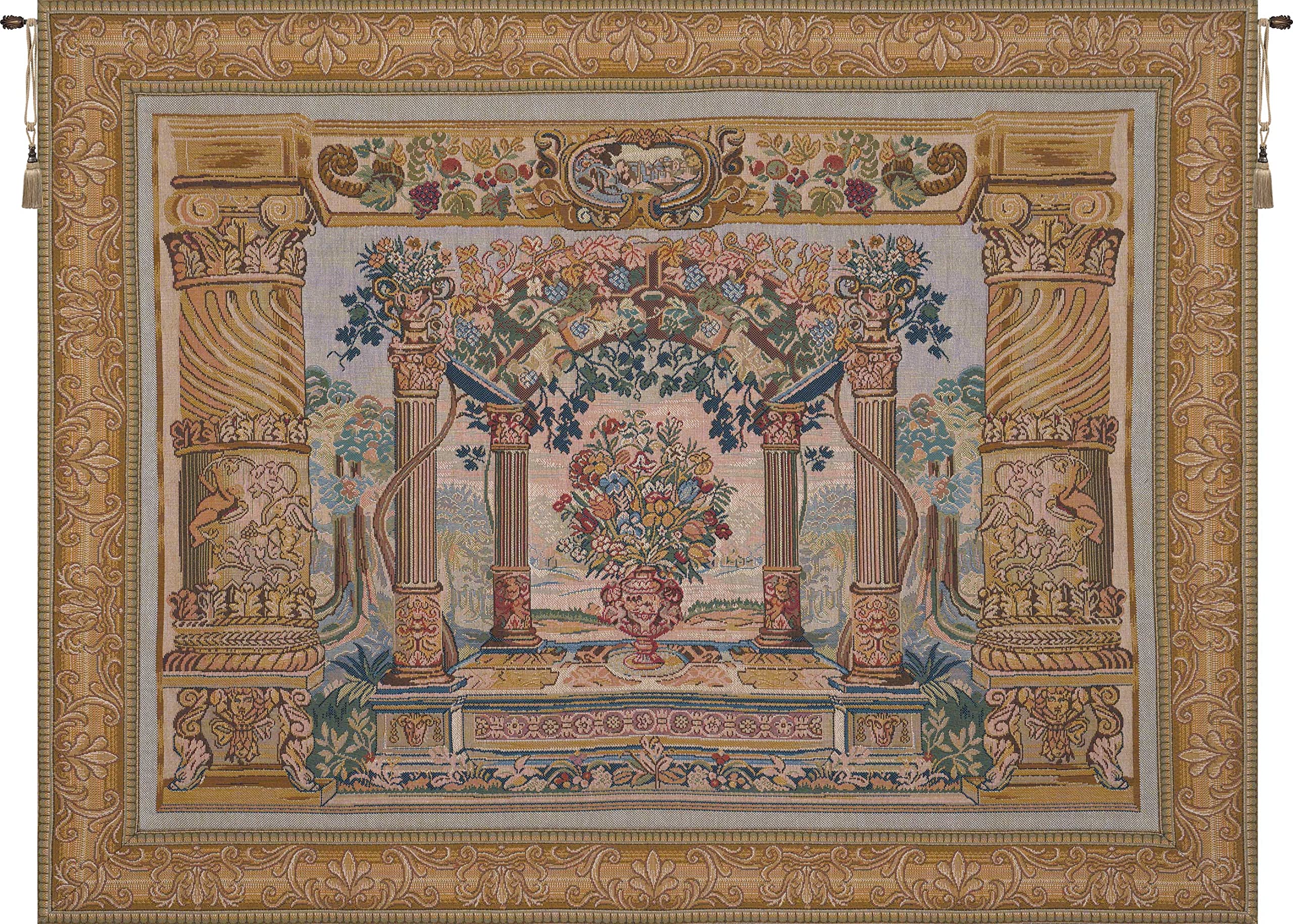 French Tapestry Wall Hanging - Viscose Cotton Polyester Blend Art Decor (35x45 Inch) | Vintage Floral Border Design for Living Room, Bedroom & Office | Charlotte Home Furnishings Terrasse Collection