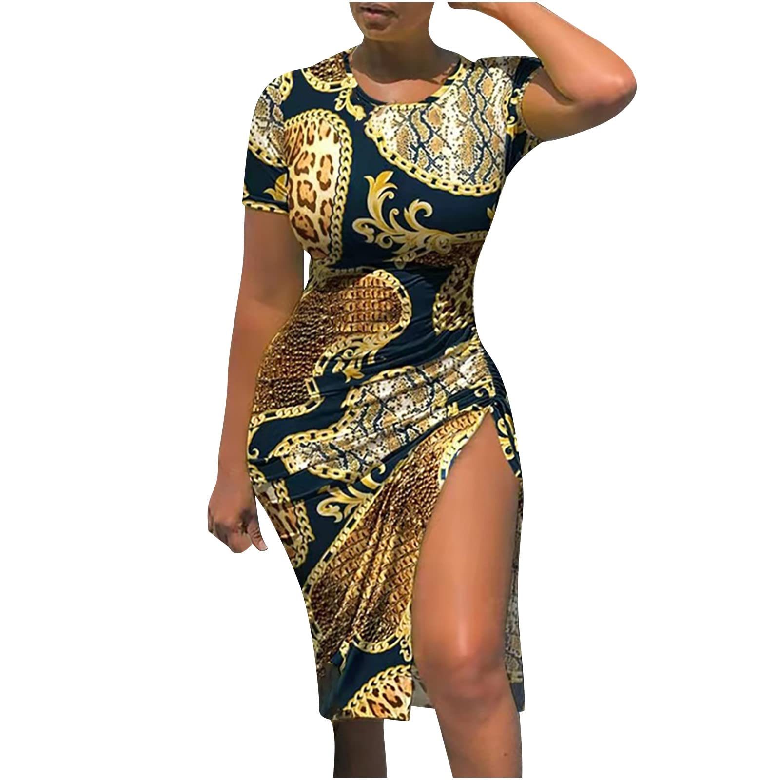 MIANHT Women's Sexy Summer Dresses - Short Sleeve Round Neck Printed Halter Dress with Drawstring & Slit | Perfect for Beach Vacation, Date Night & Summer Parties