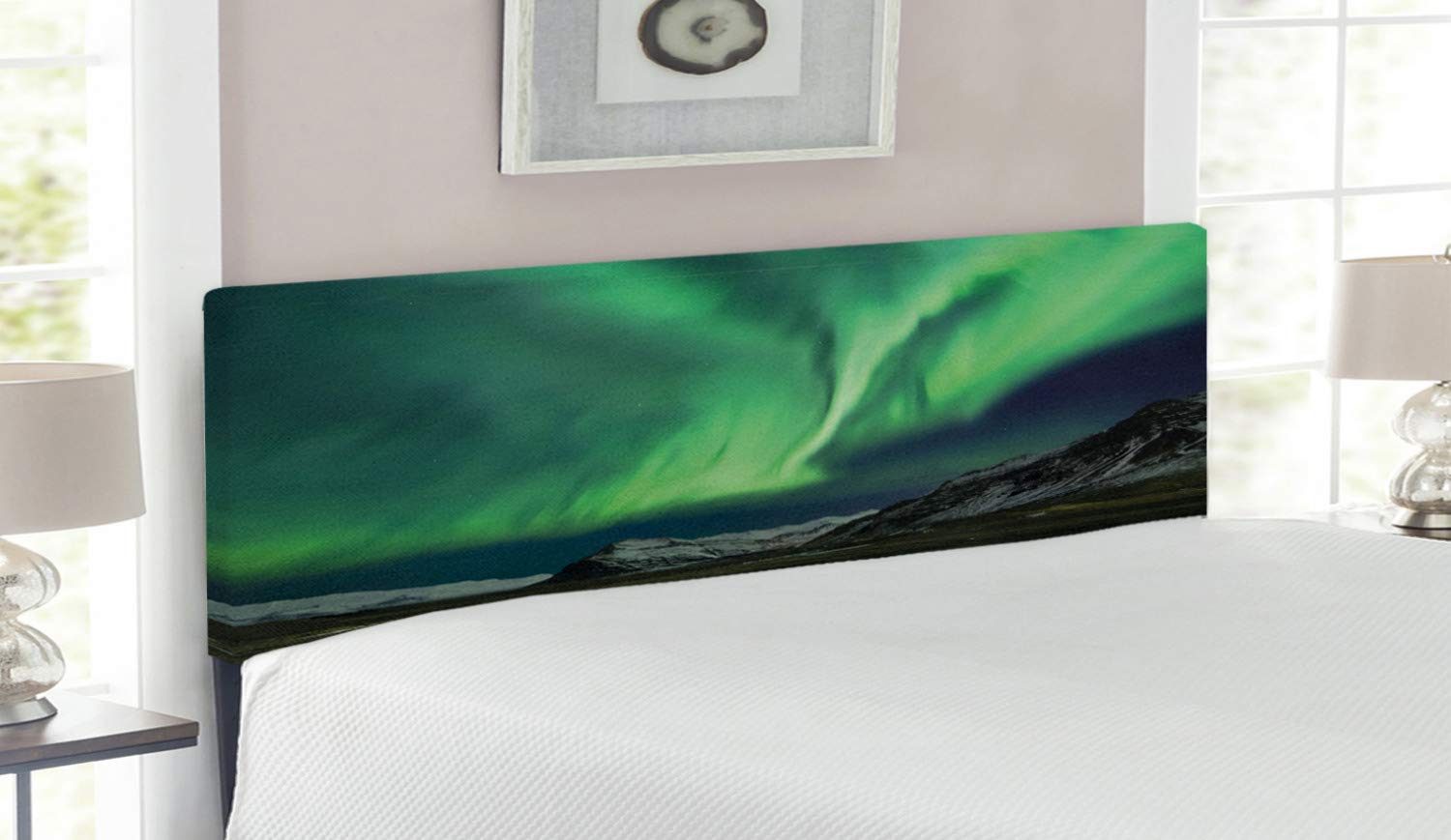 Ambesonne Aurora Borealis Headboard - Queen Size Upholstered Metal Bed Frame with Memory Foam in Army Green Blue Grey | Northern Lights Mountain Night Scene Design | Perfect for Bedroom Decor, Guest Rooms & Cozy Cabin Retreats