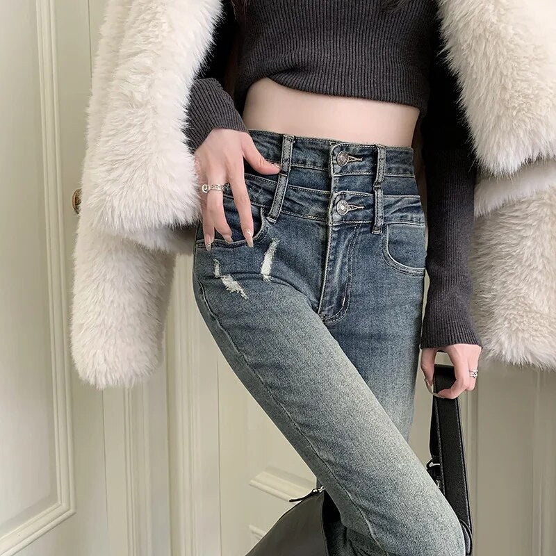 2024 Women's High Waist Skinny Stretch Jeans - H.sa Warm Thick Denim Pants for Spring & Autumn | Comfortable Elastic Stretch Fit for Everyday Wear, Office & Casual Outfits