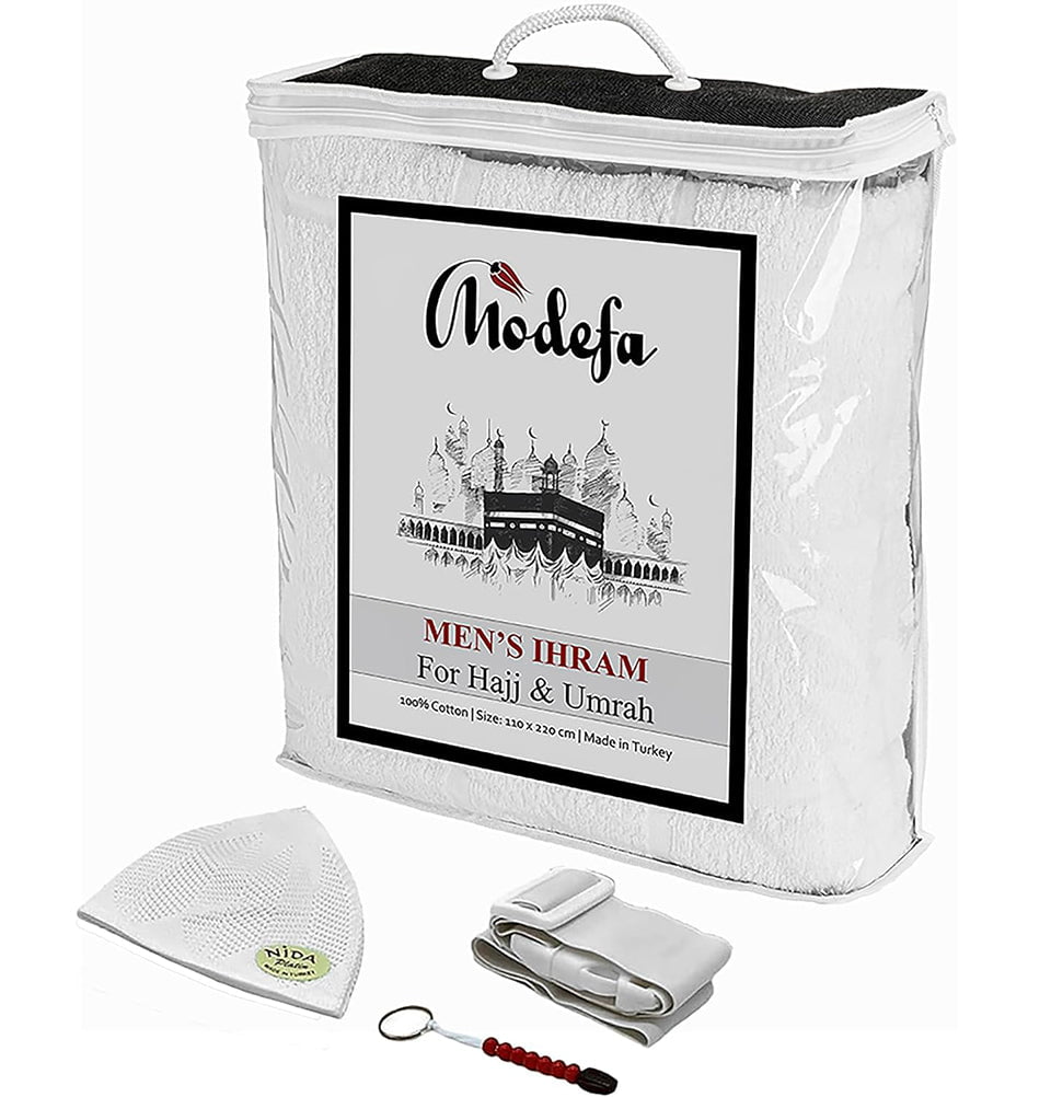 Premium Men's Cotton Ihram Set with Belt, Kufi & Tawaf Tasbih - Complete Hajj & Umrah Prayer Outfit for Muslim Pilgrims - Perfect for Religious Ceremonies & Islamic Worship