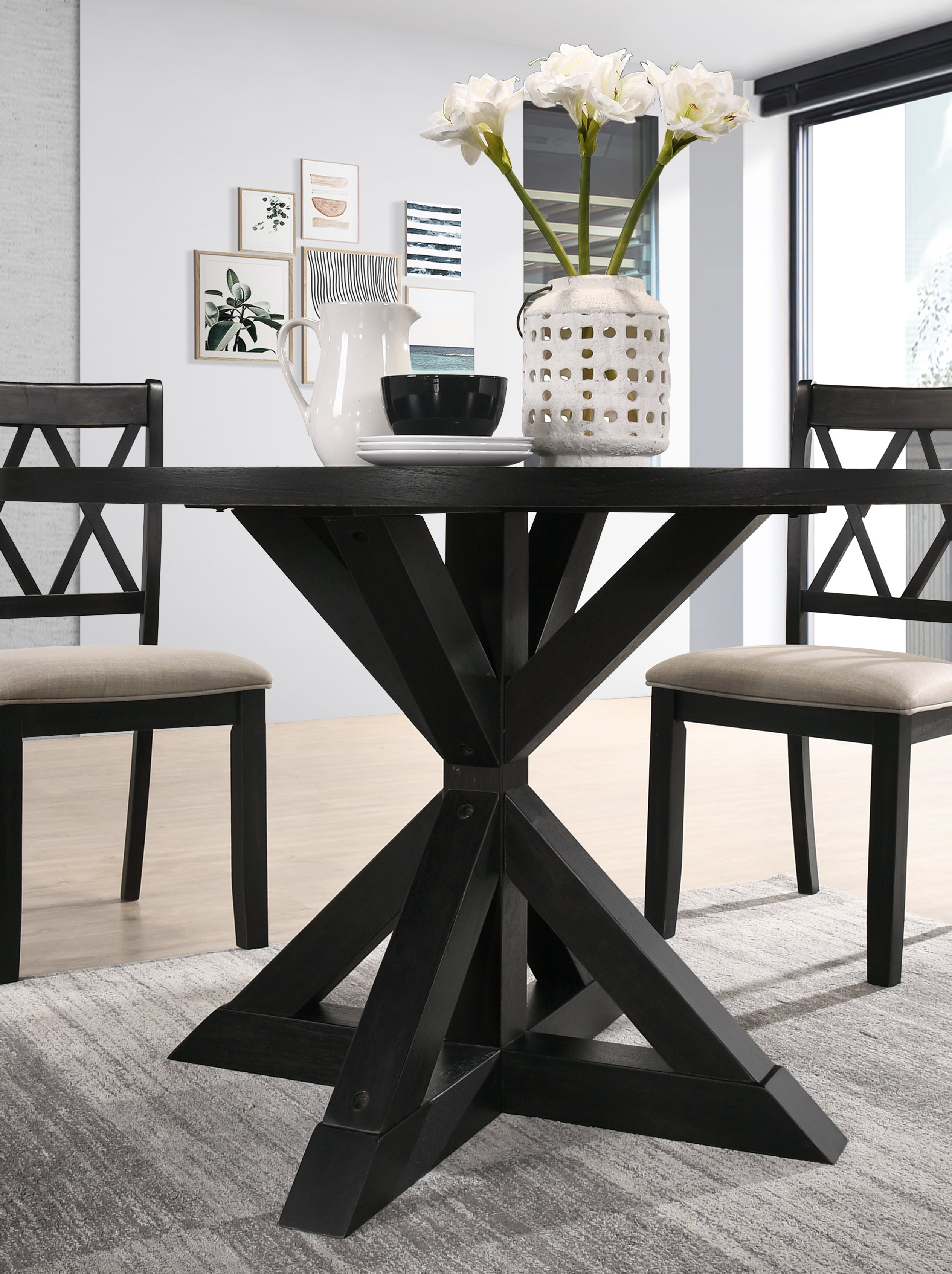Roundhill Furniture Windvale Cross Buck Base Dining Table - 42 Inch Round Black Wooden Dining Table for Kitchen, Dining Room, Farmhouse & Rustic Decor
