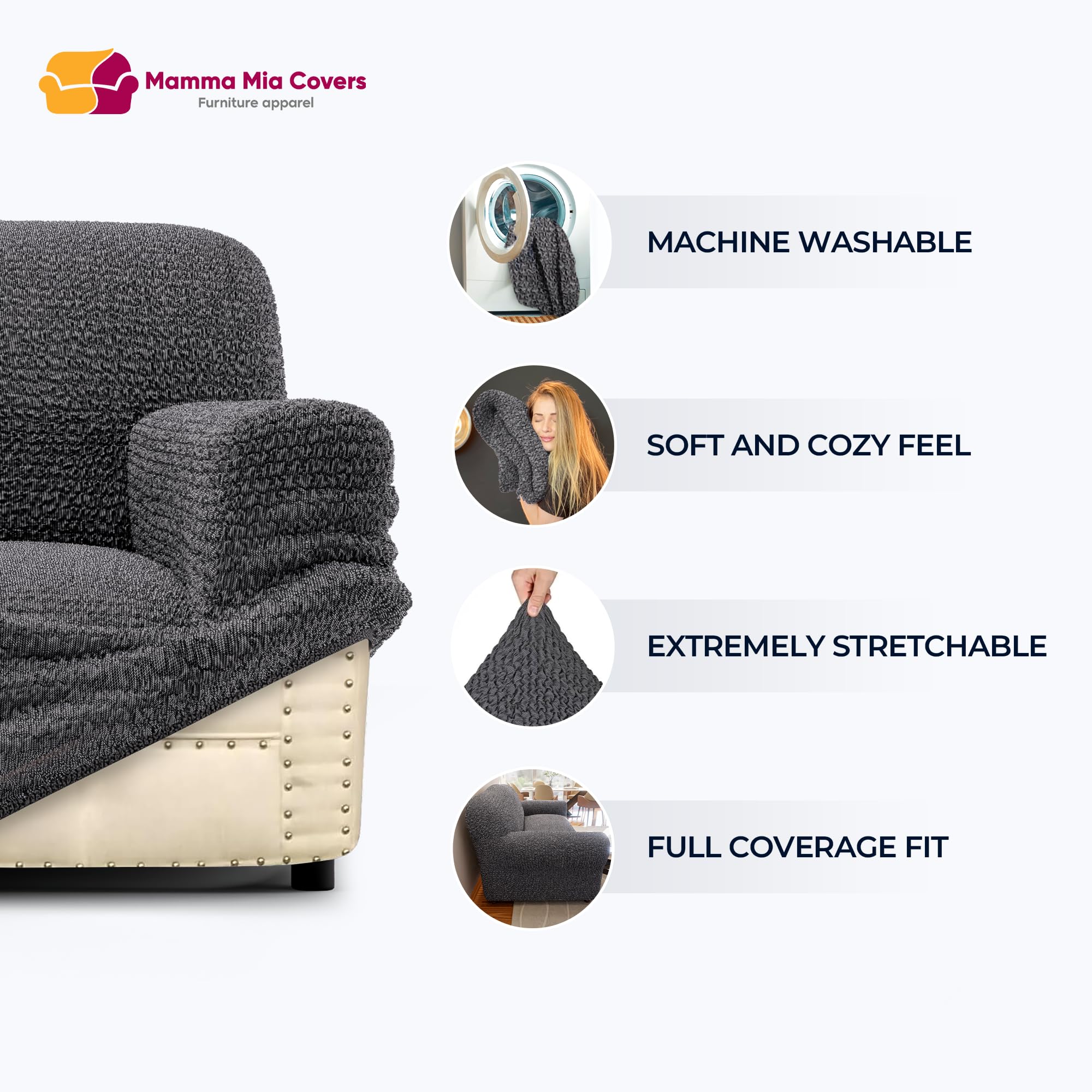 Stretch Sofa Slipcover - Washable Couch Cover with Soft Polyester Fabric - 1-Piece Form Fit Protector for Pets (Mille Righe Collection, Blue) - Perfect for Living Room, Family Room & Pet-Friendly Homes