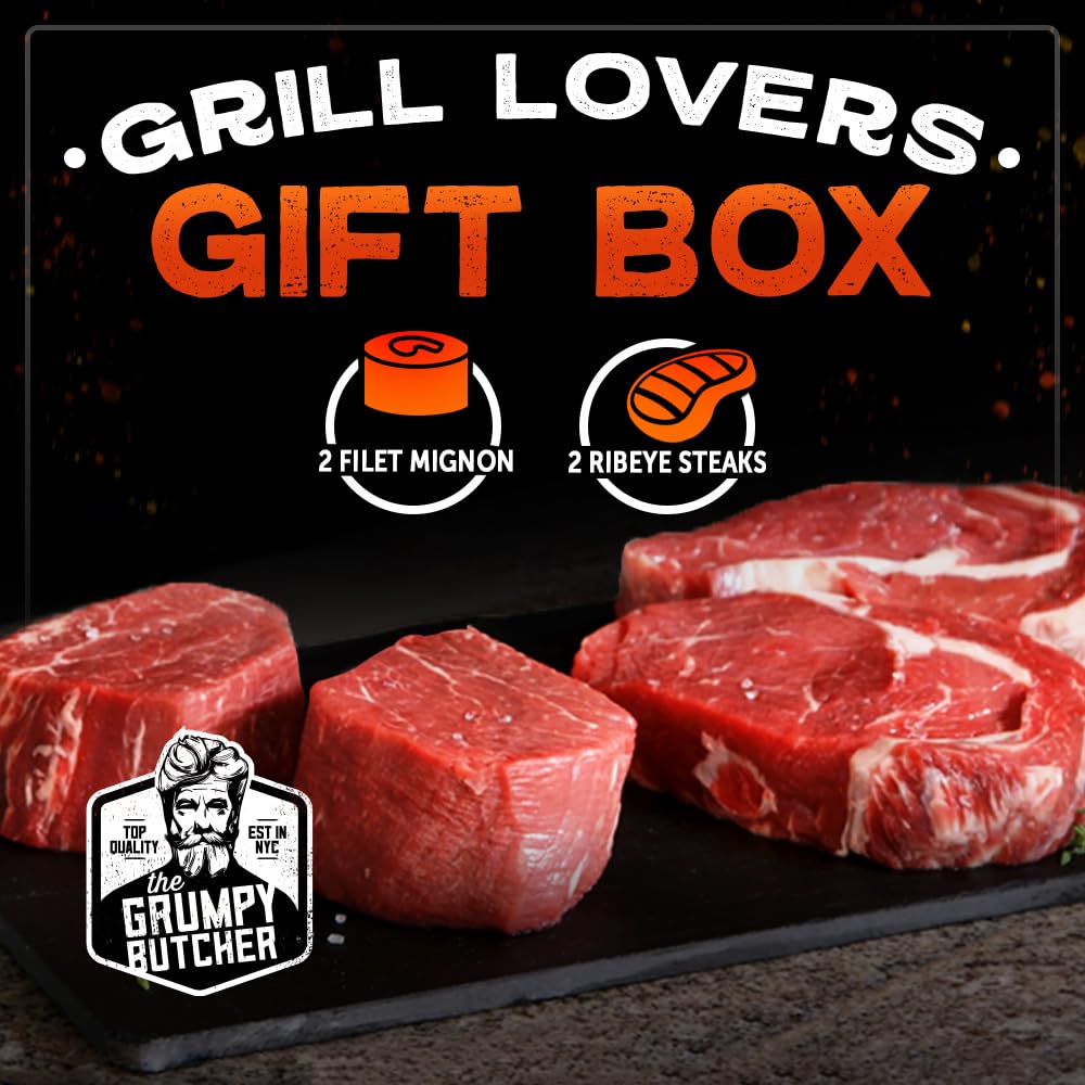 Premium Grumpy Butcher Steak Gift Basket - 2 Filet Mignons (8oz) & 2 Ribeyes (14oz) | USDA Prime Beef | Perfect for BBQ, Dinner Parties & Gourmet Food Gifts | Carne Asada & Special Occasions