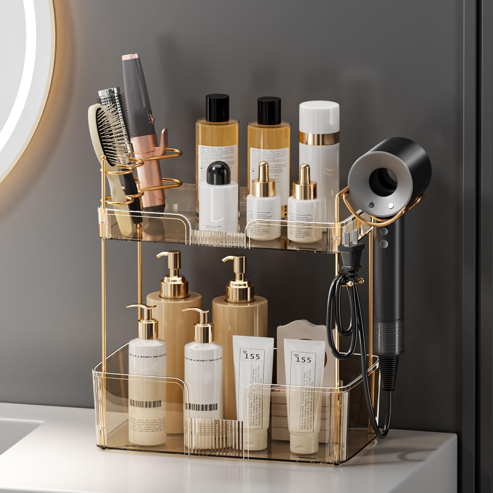 2-Tier Gold Bathroom Organizer with Hair Dryer Holder - Vanity Tray for Makeup & Skincare Storage