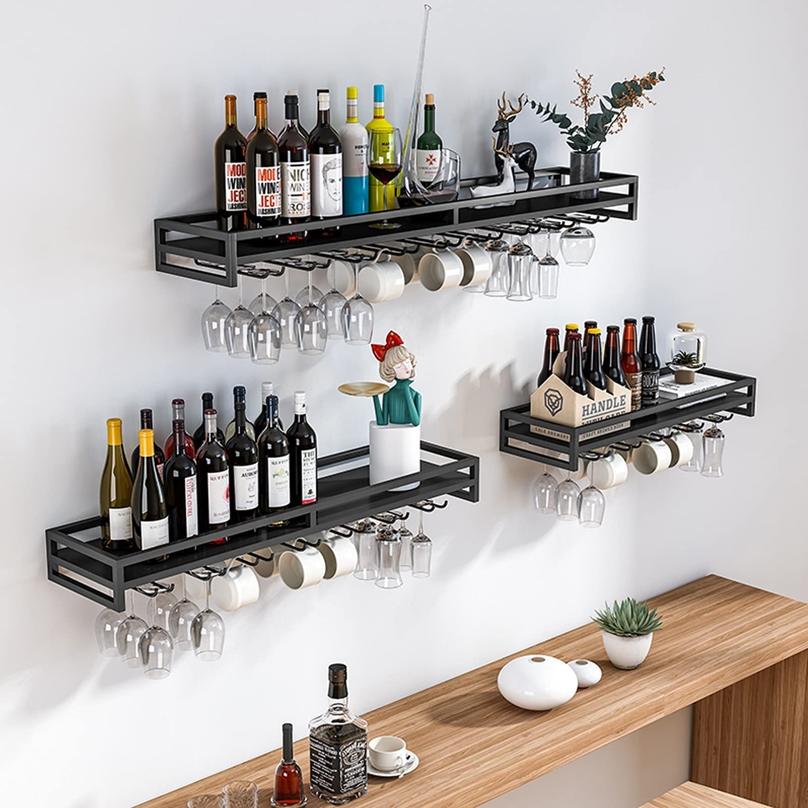 Black Metal Wall Mounted Wine Rack - Space Saving Wine Storage Shelf for Champagne Glasses & Stemware - Hanging Wine Glass Holder Organizer for Home Bar, Kitchen Decor (60/80/100cm) - Perfect for Dining Room, Wine Cellar & Entertaining Guests