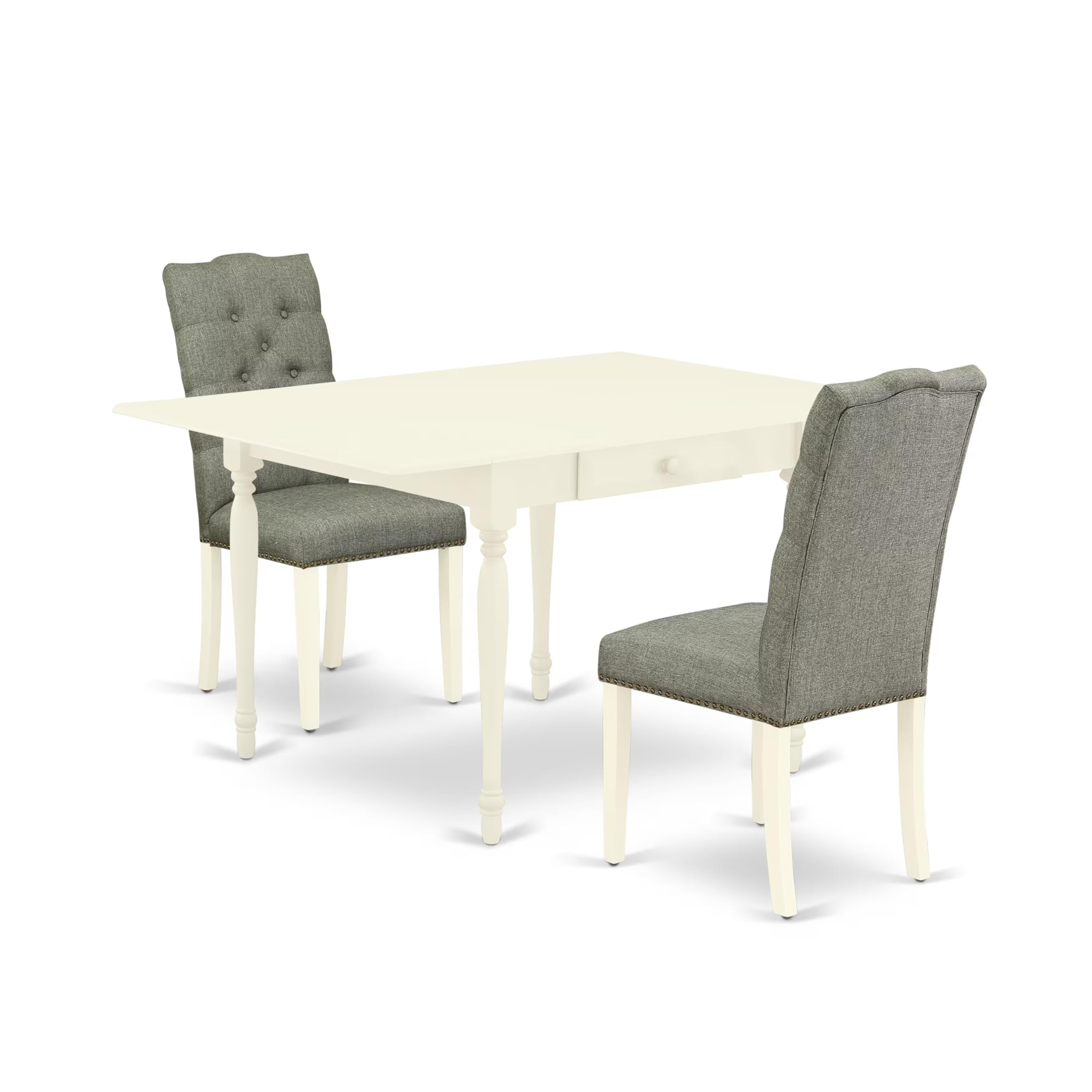 Modern 3-Piece Dining Table Set with Drop-Leaf Rectangle Wooden Table & 2 Gray Linen Fabric Chairs - 36x54 Inch, Linen White - Perfect for Small Spaces, Apartments, and Contemporary Dining Rooms