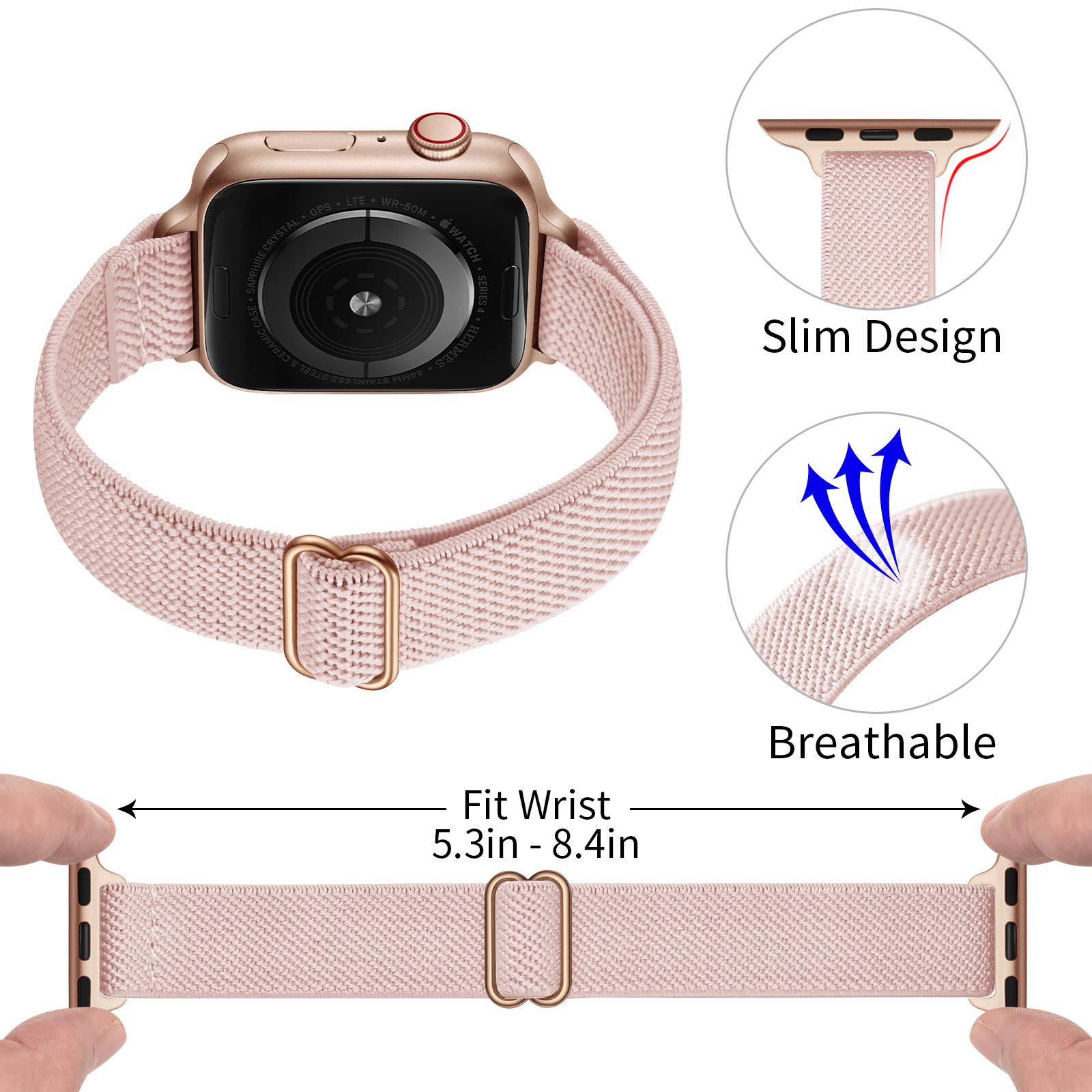 Slim Stretchy Nylon Apple Watch Band Compatible with 46mm/49mm/45mm/44mm/42mm - Women's Elastic Strap for iWatch Ultra 2/1, SE & Series 10/9/8/7/6/5/4/3/2/1 - Pink Sand & Rose Gold - Perfect for Workouts, Yoga & Everyday Wear