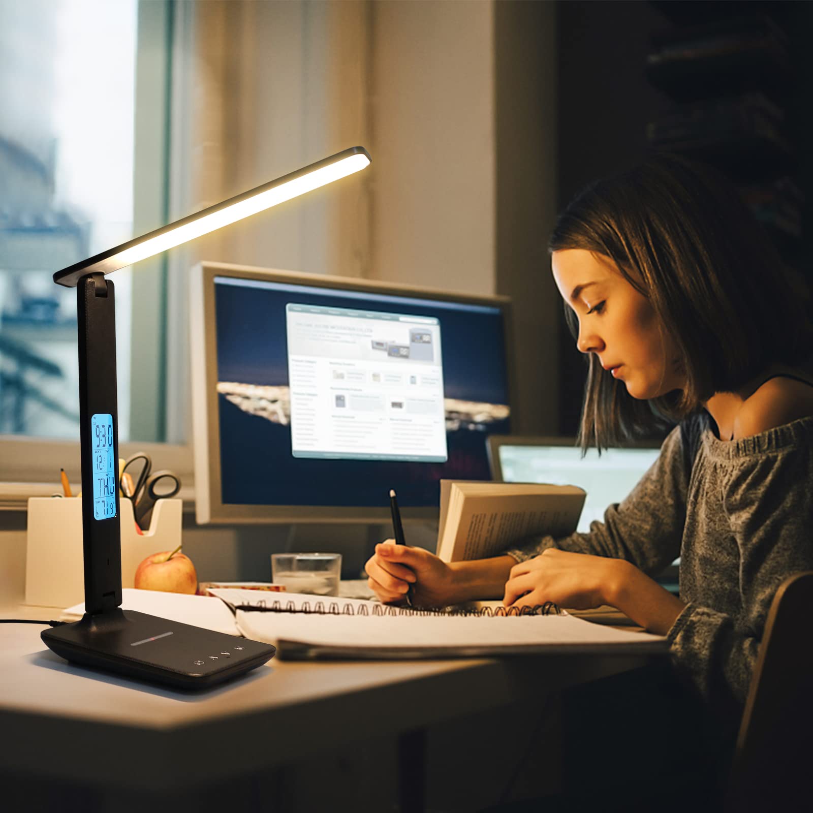 LAOPOO LED Desk Lamp with Wireless Charger & USB Port - Adjustable Brightness, Built-in Digital Clock - Perfect for Home Office, Study Room, College Dorm (Reading, Working, Night Light)