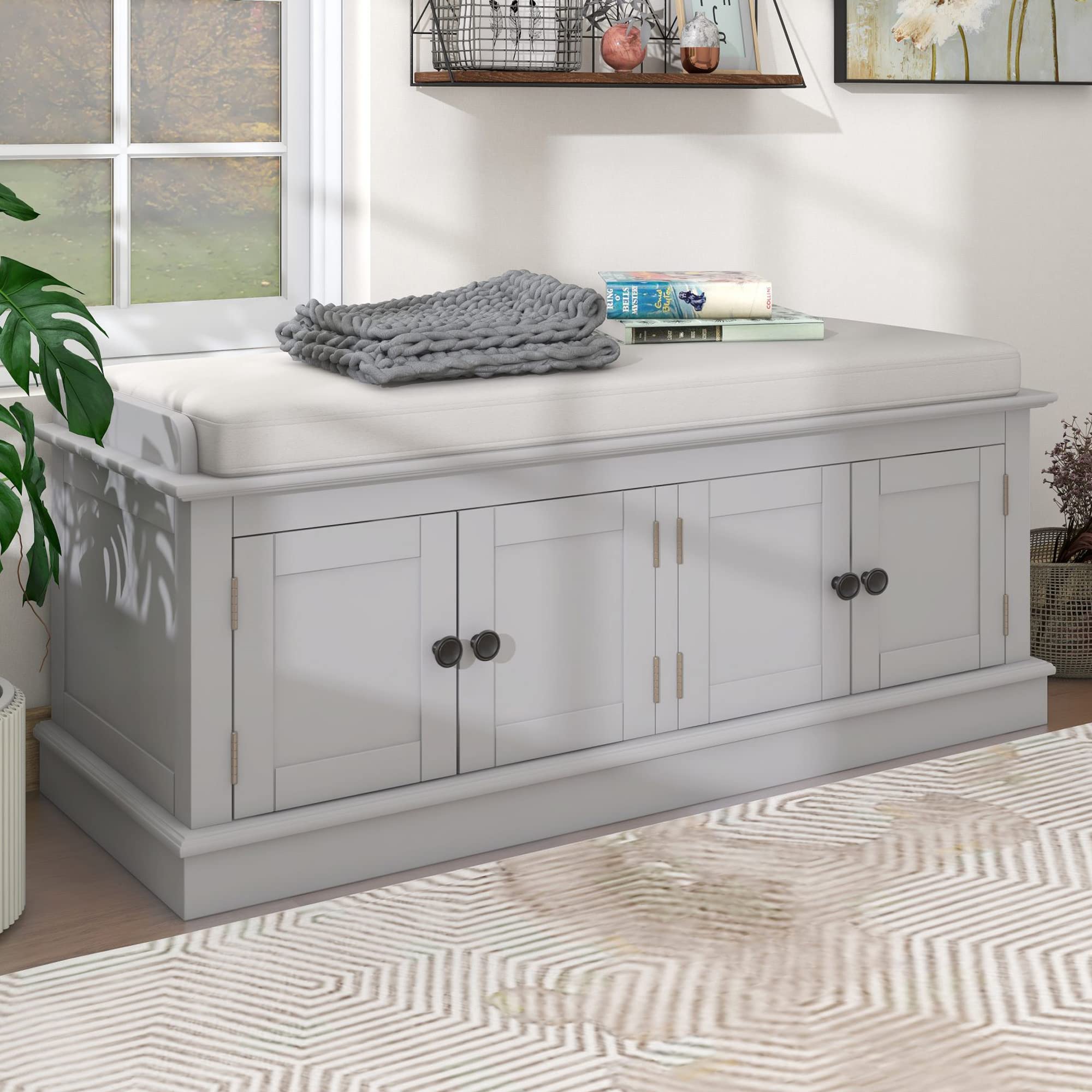 P PURLOVE Farmhouse Storage Bench with Adjustable Shelves & Removable Cushion - Entryway Shoe Organizer, Hallway Seating, Living Room Storage - Gray Wash Wooden Bench for Home Decor