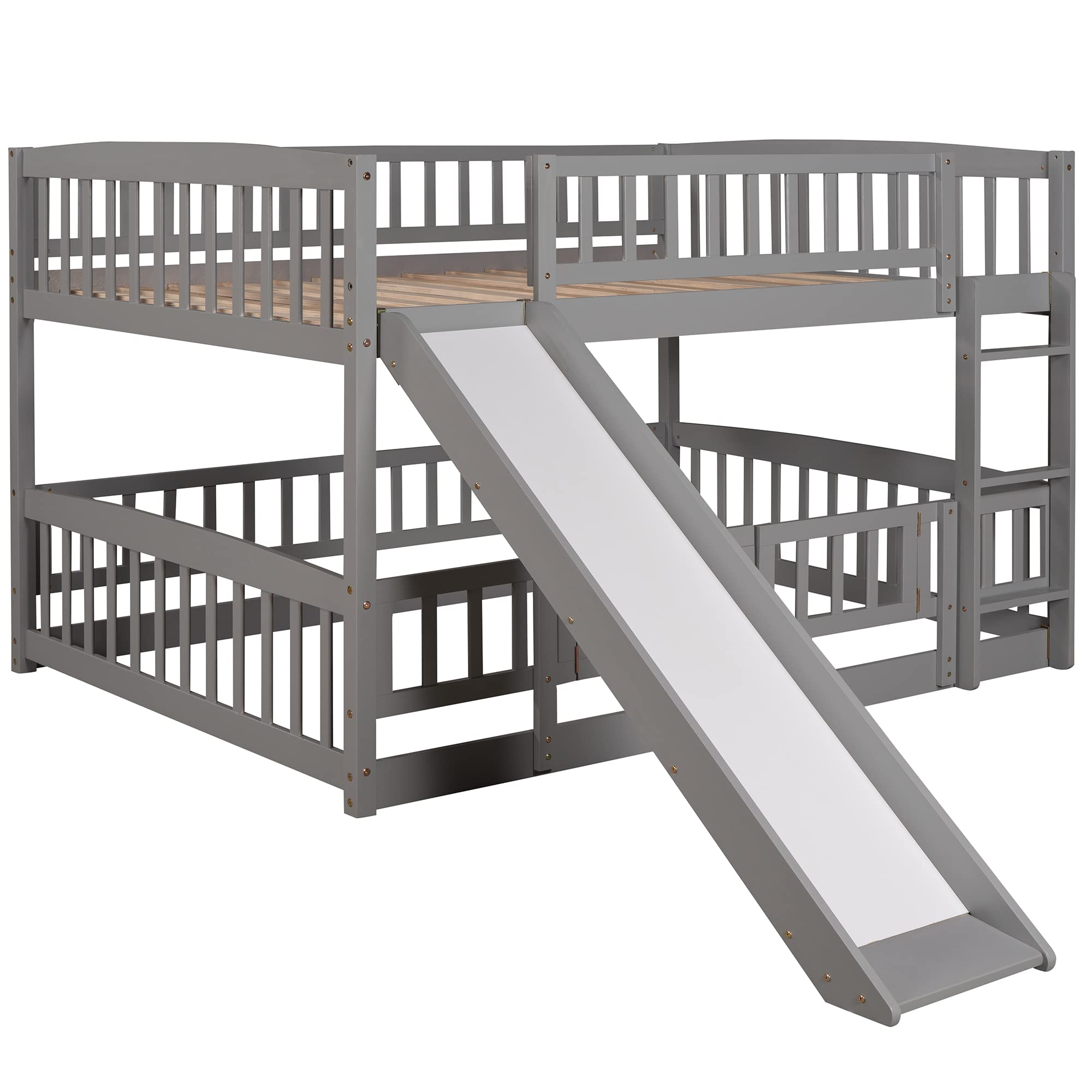 Harper & Bright Designs Full Over Full Low Kids Bunk Bed with Slide - Wooden Bunk Bed Frame with Safety Guardrail, Ladder & Fun Small Door for Toddlers, Kids & Teens - Perfect for Small Bedrooms, Playrooms & Sleepovers (Grey)