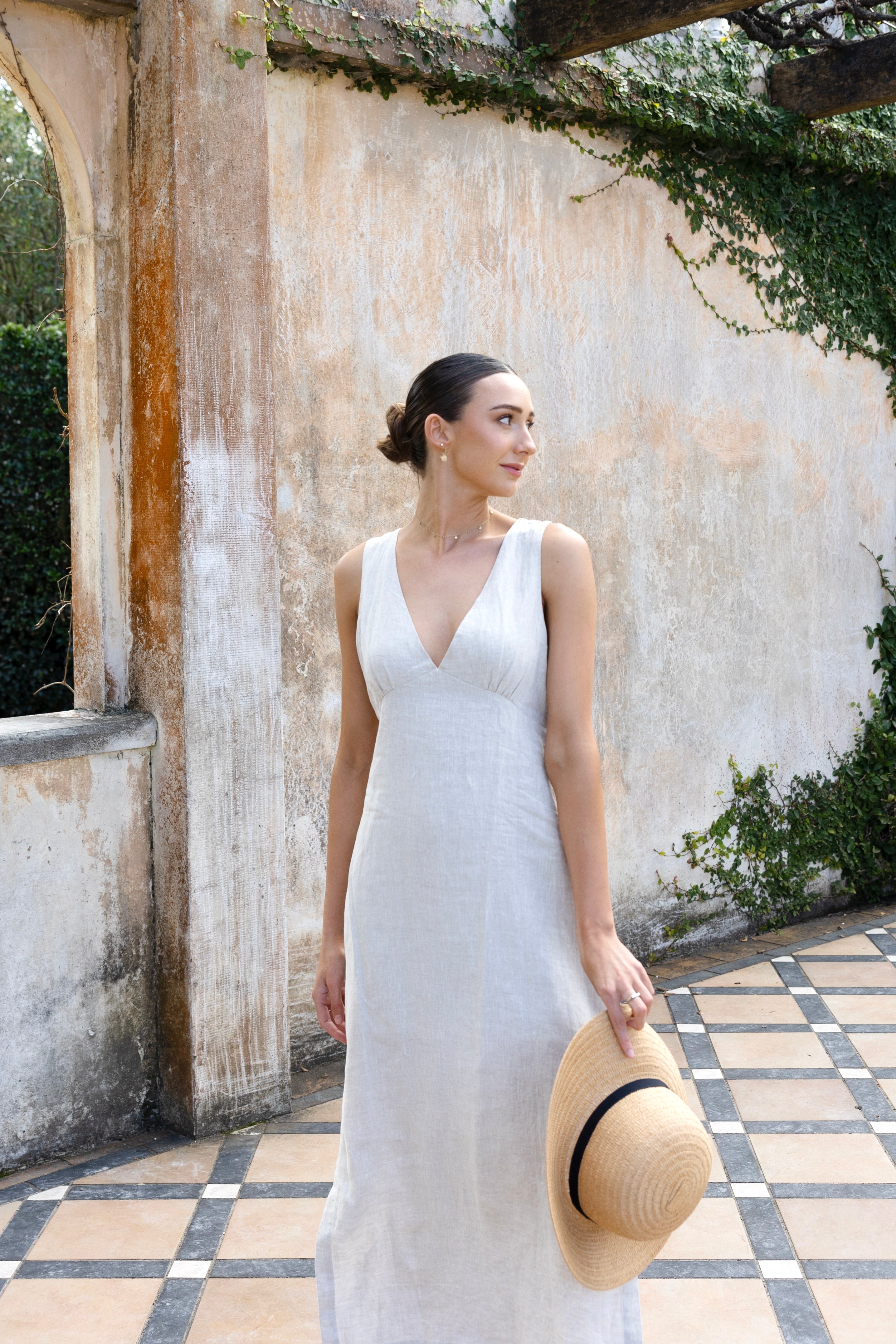 Azalea Natural Linen Sleeveless Empire Midi Dress - Women's Summer Boho Style Dress for Beach, Vacation & Casual Wear