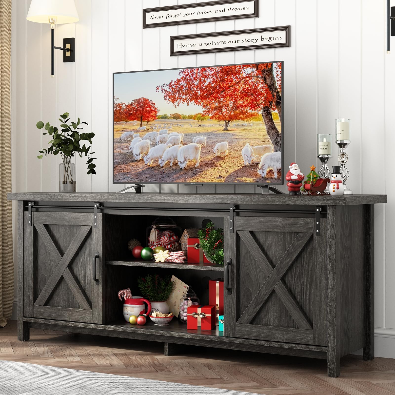 Rustic Farmhouse TV Stand for 50-65 Inch TVs with Adjustable Shelves & Sliding Barn Doors - Dark Grey Wooden Entertainment Center for Living Room, Bedroom (58 Inch) - Perfect for Modern Farmhouse Decor & Small Space Storage Solutions