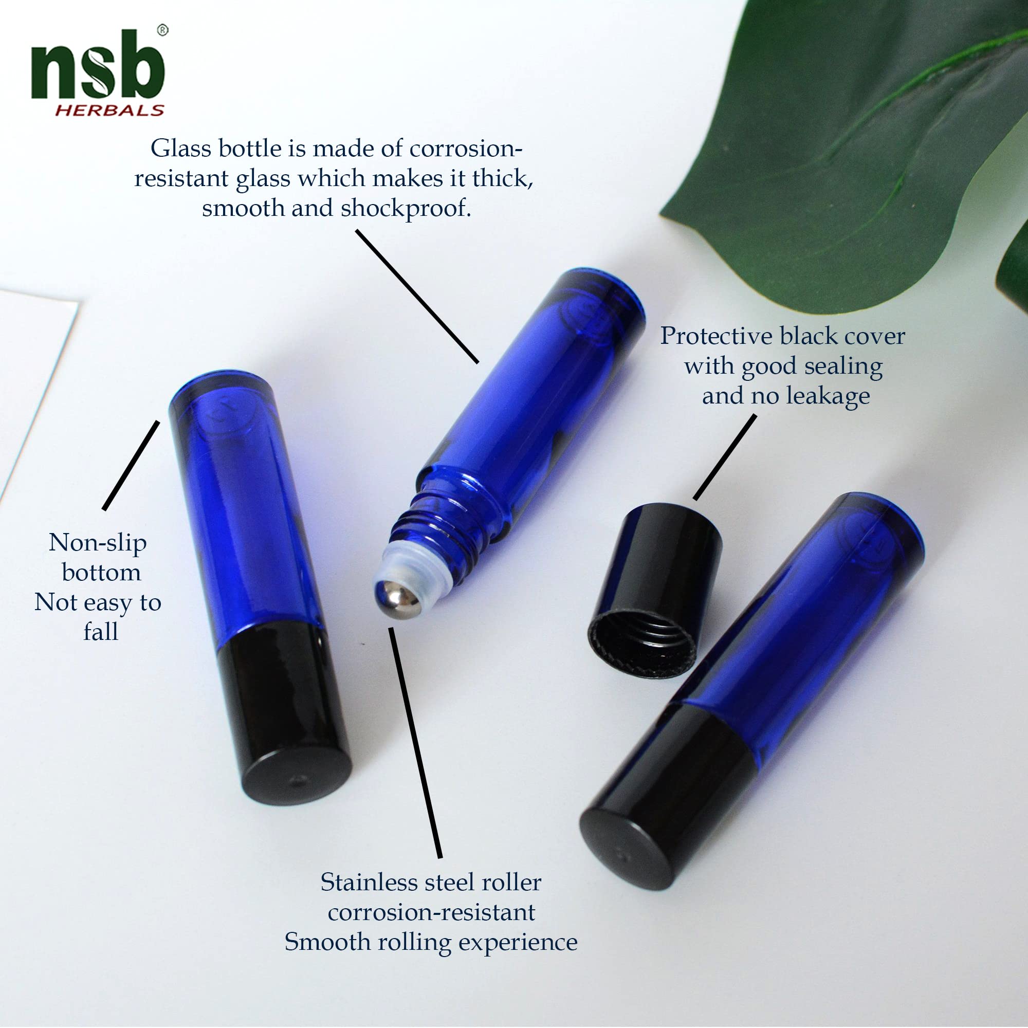 NSB Herbals 10ml Empty Blue Glass Roll On Bottles with Black Cap - Refillable Essential Oil Bottles for Aromatherapy, Perfume, Lip Balm | Perfect for Travel, DIY Beauty & Home Fragrance (Pack of 3)