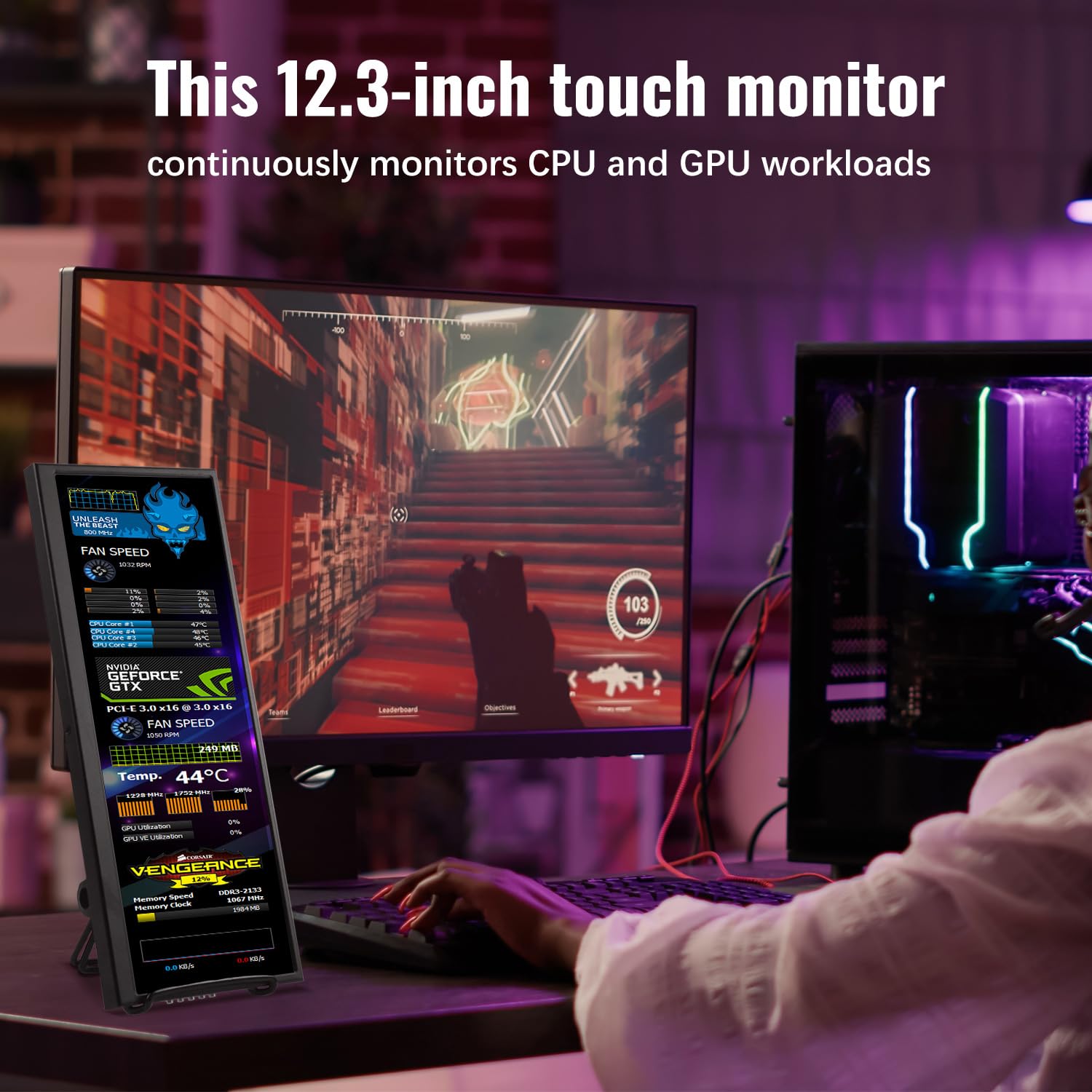 12.3 Inch Portable Touchscreen Monitor - IPS Stretched Bar LCD Display 1920x720, Mini HDMI & USB-C, Secondary Screen for Laptop - Perfect for Travel, Work & GPU/CPU/RAM Monitoring with Aida64 on Windows