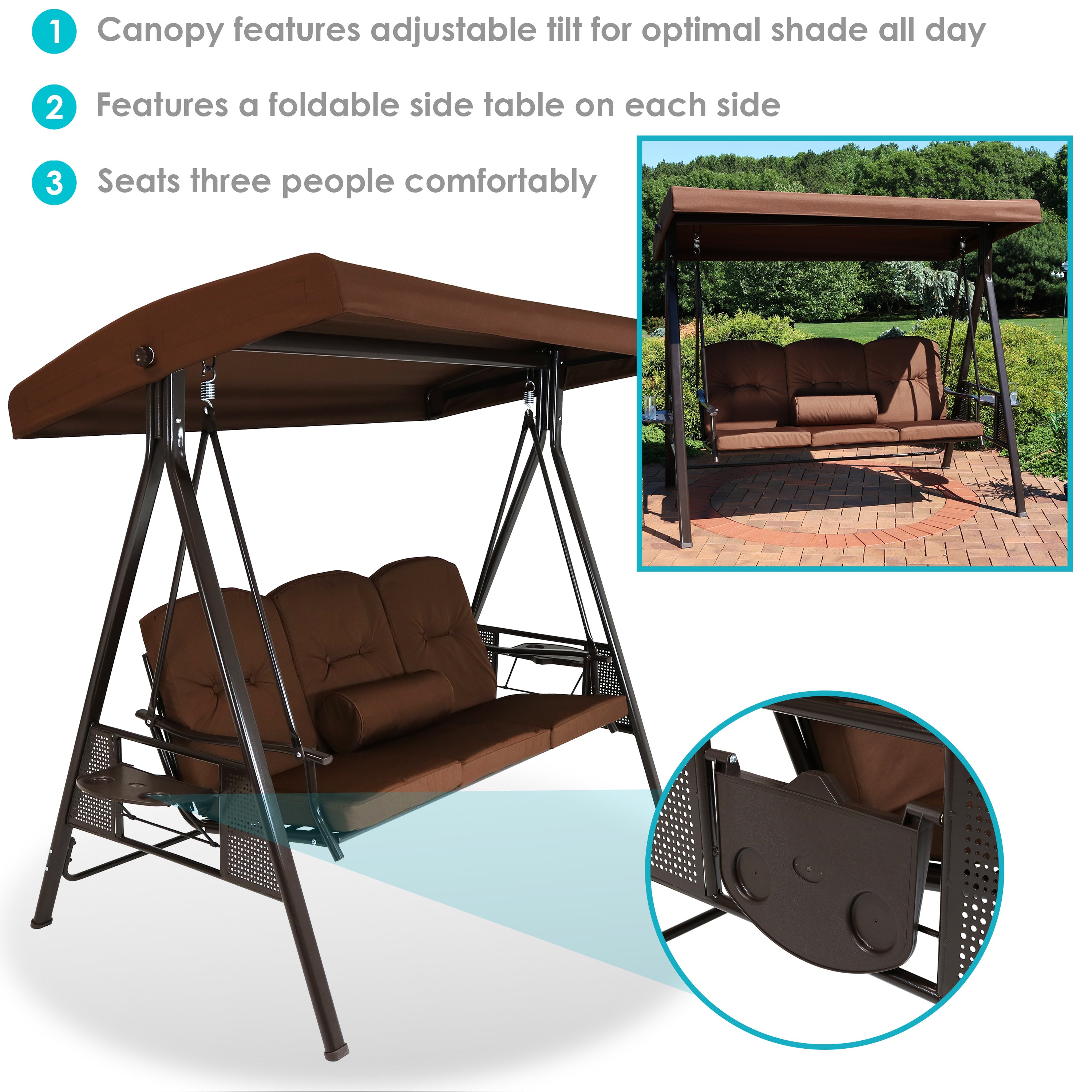 Sunnydaze 3-Person Outdoor Patio Swing with Adjustable Canopy & Comfortable Cushions - Perfect for Backyard, Garden, and Porch Relaxation