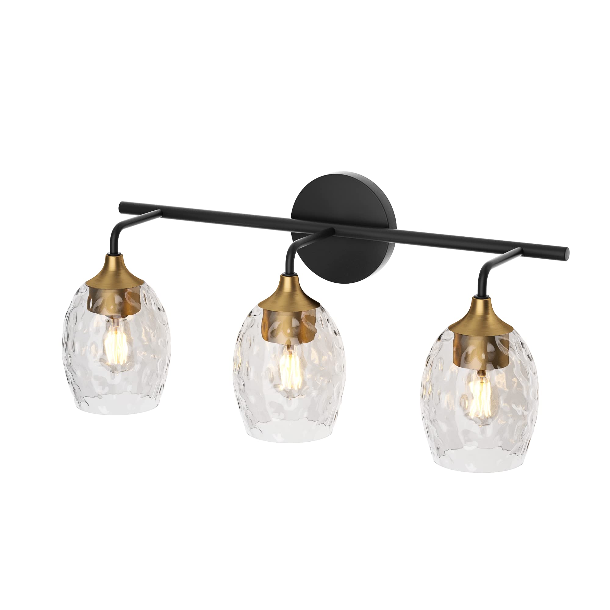 3-Light Bathroom Wall Sconce - Brass Vanity Lighting with Clear Hammered Glass Shades - Modern Bathroom Light Fixture for Vanity, Mirror, Makeup Area - Perfect for Bedroom, Living Room & Kitchen Decor