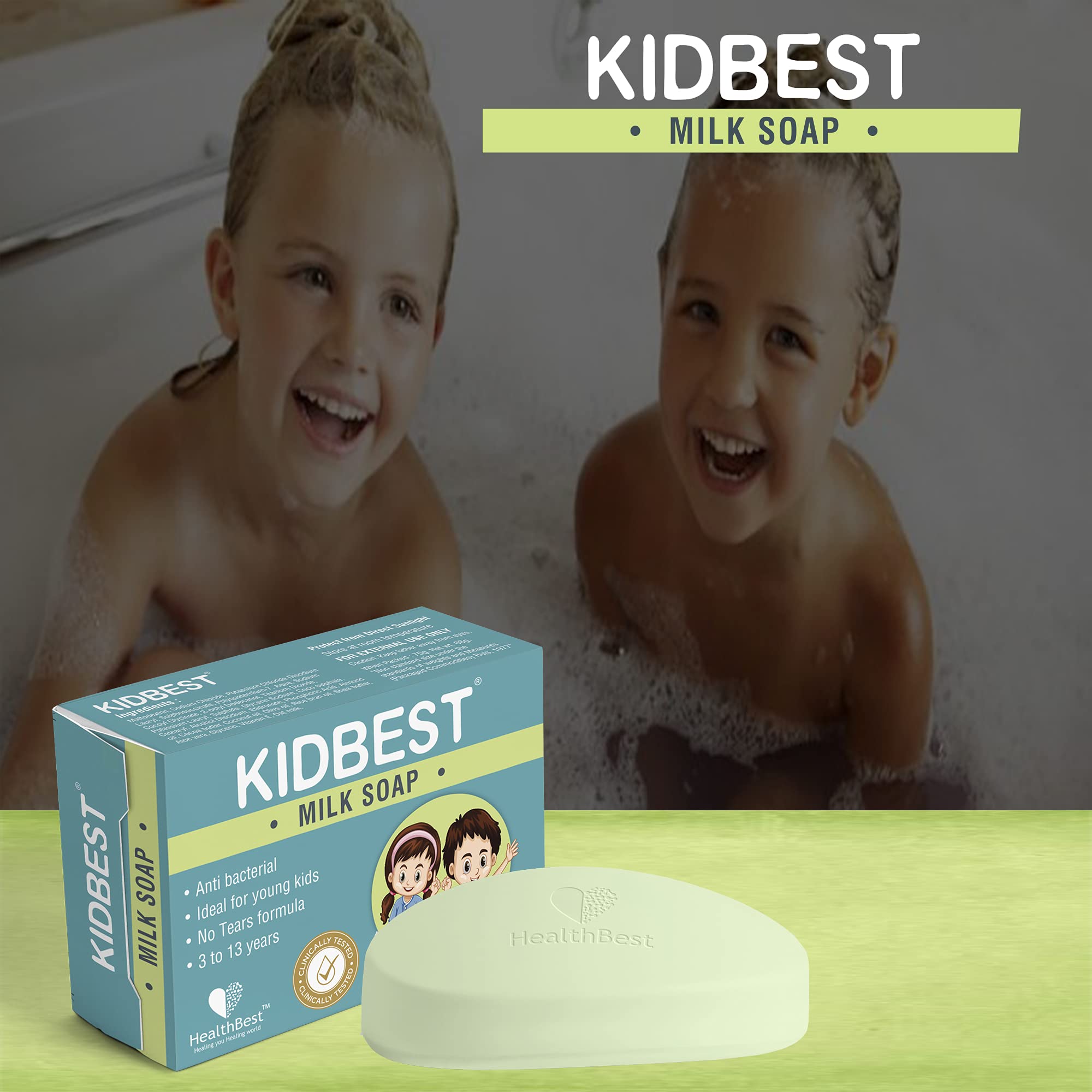Healthbest Antibacterial Milk Soap for Kids - Gentle Cleansing for Normal, Sensitive & Dry Skin | Tear-Free Formula | Pack of 3 | Ideal for Daily Bathing & Baby Skin Care