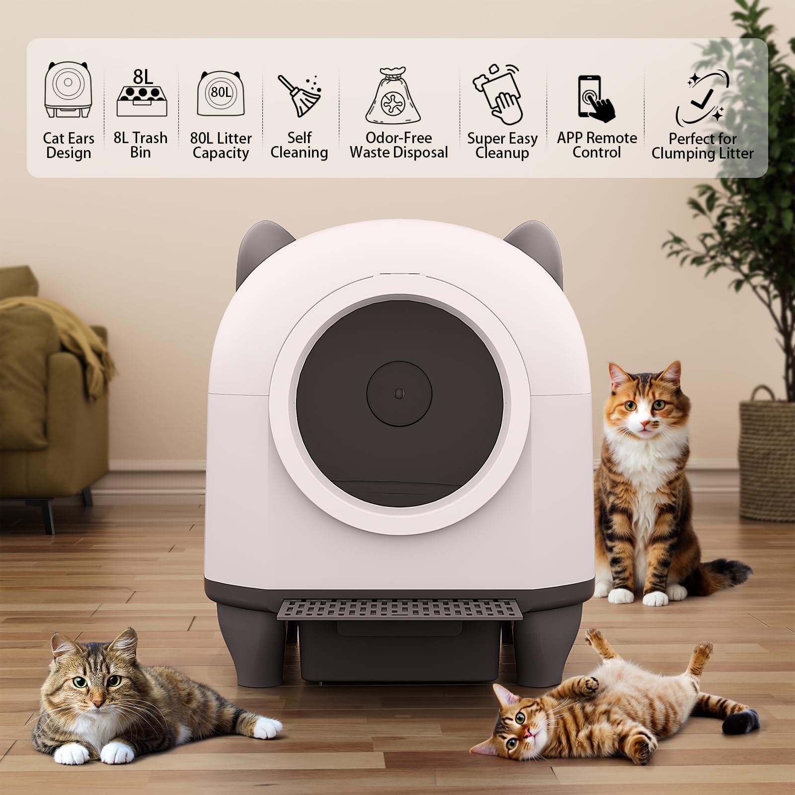 Self Cleaning Cat Litter Box - 80L Large Automatic Litter Robot for Multiple Cats with APP Control & Odor Removal, Includes 1 Roll Waste Bags (White) - Perfect for Busy Pet Owners & Multi-Cat Households