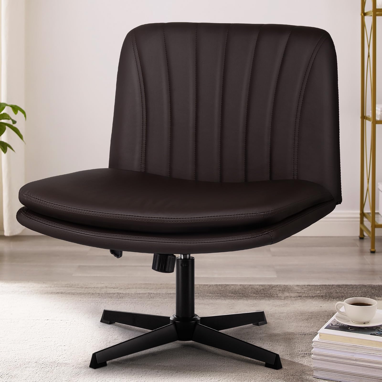 PUKAMI Criss Cross Legged Office Chair - Armless PU Leather Swivel Desk Chair with Height Adjustable Wide Seat & Mid Back Support - Modern Home Office Computer Task Chair for Working, Studying & Vanity Makeup