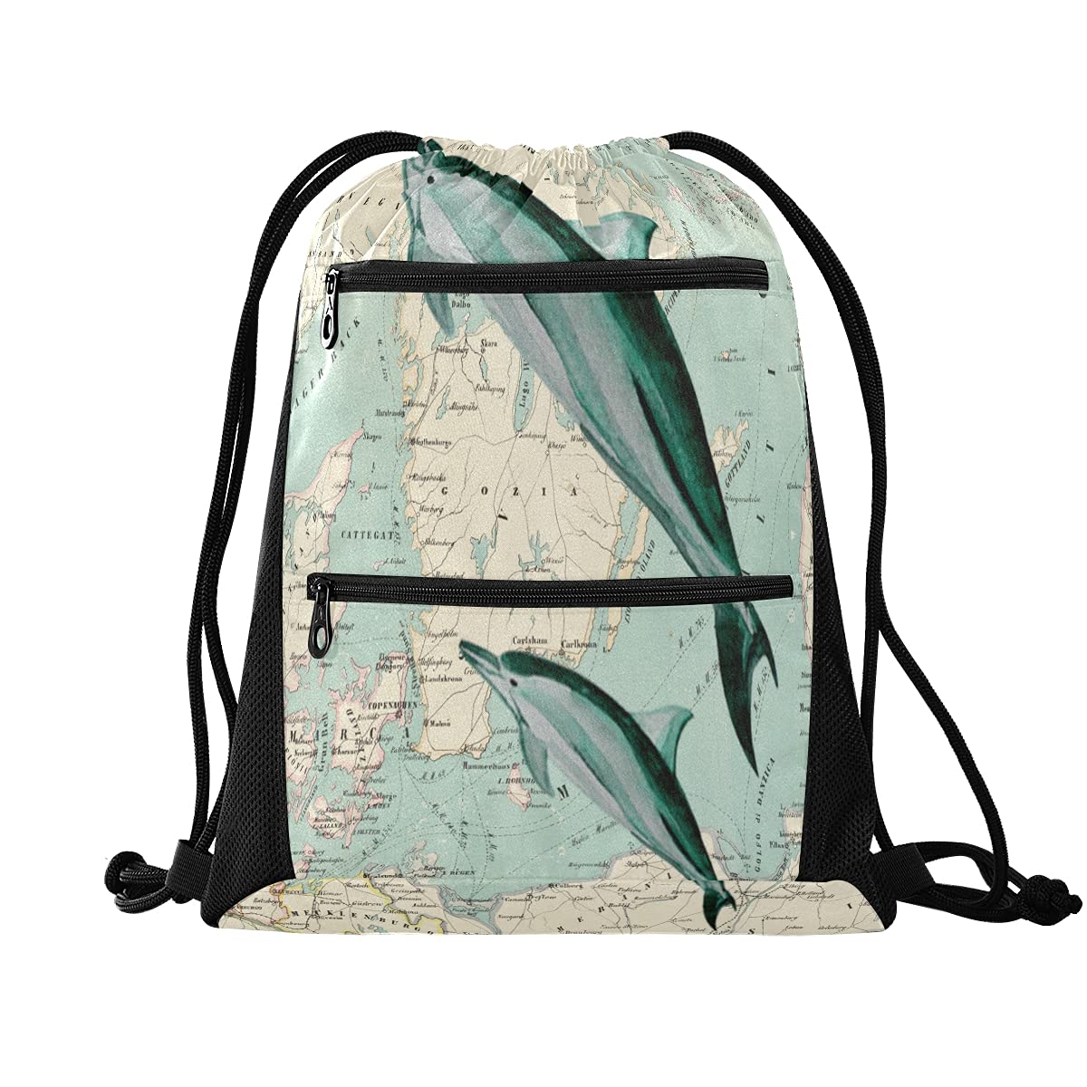 DOLPHIN Drawstring Backpack with Pockets - Lightweight Gym Bag for Workout, Sports & Travel - Perfect for School, Beach & Outdoor Activities