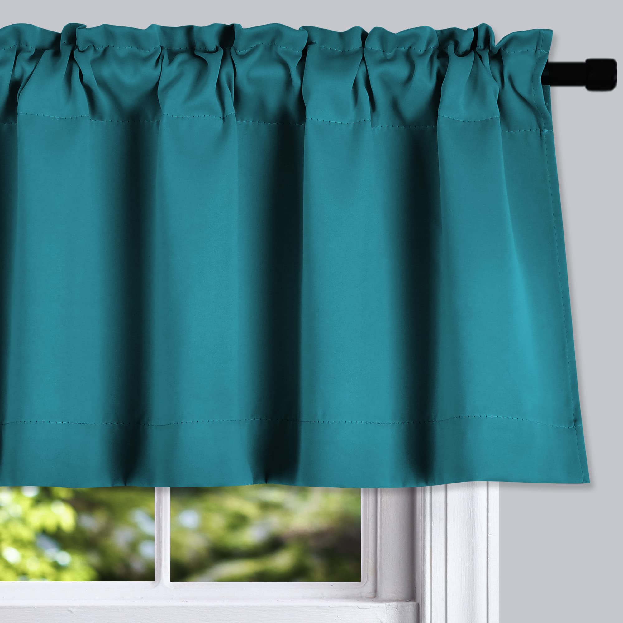 DONREN Teal Window Valances - 42x18 Inch Kitchen Curtain Panels with Rod Pocket (Set of 2) - Perfect for Small Windows, Bathroom & Living Room Decor