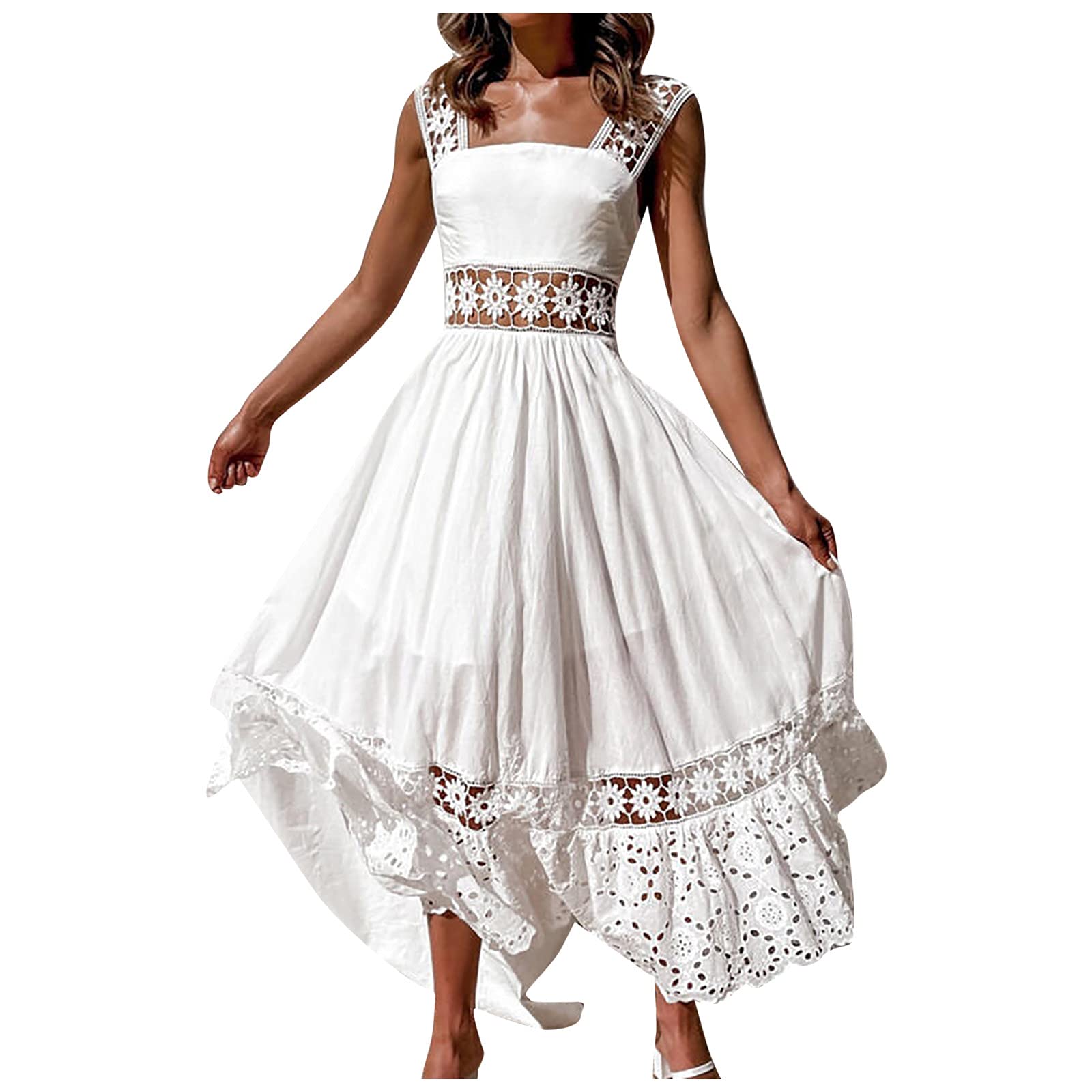 Keepfit Maxi Dress for Women - Boho Summer Spaghetti Strap Square Neck Flowy Ruffle Beach Long Dress | Perfect for Vacations, Pool Parties & Casual Outings