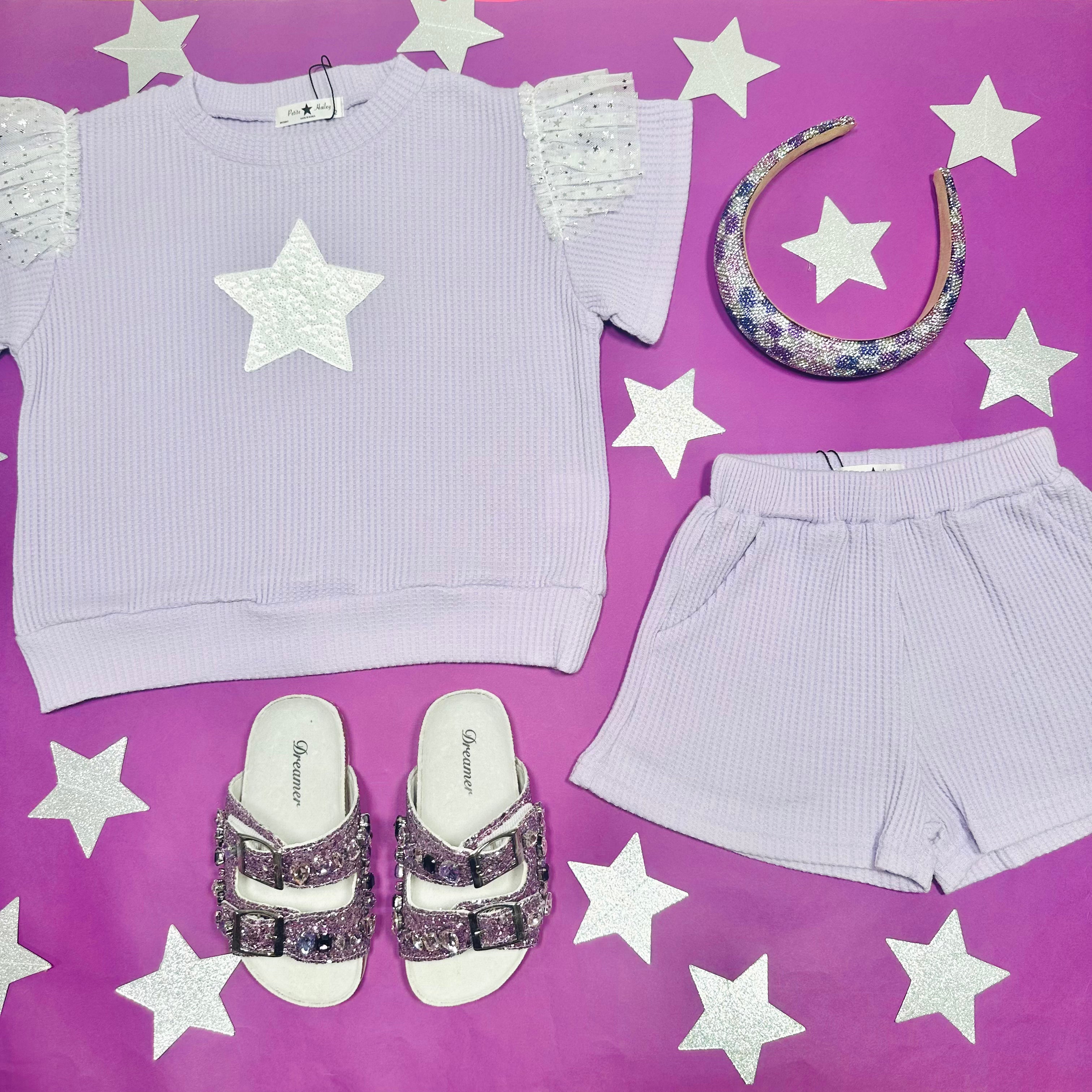 Sparkle & Shine: Sequin Star Ruffle Sleeve T-Shirt and Shorts Set for Girls - Perfect for Birthday Parties, Dance Performances & Special Occasions