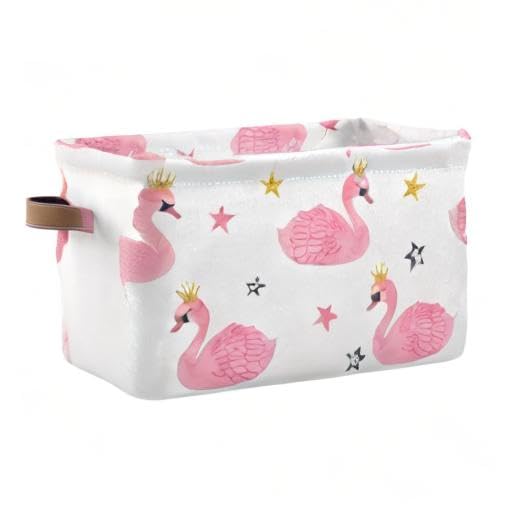 Swan Princess Crown Storage Basket Organizer - Large Collapsible Fabric Cube Bin with PU Handles for Nursery, Closet, Laundry Room | 2-Pack Set for Home Organization & Kids' Room Decor