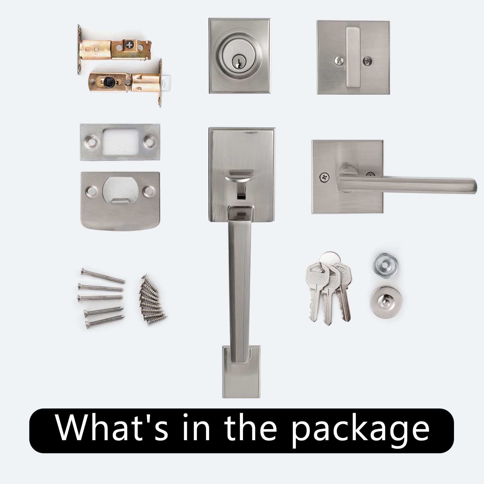 KIAYACI Front Door Lock Set - Satin Nickel Single Cylinder Deadbolt Entry Door Handle with Straight Lower Half Grip - Secure Home, Office & Apartment Entry Doors