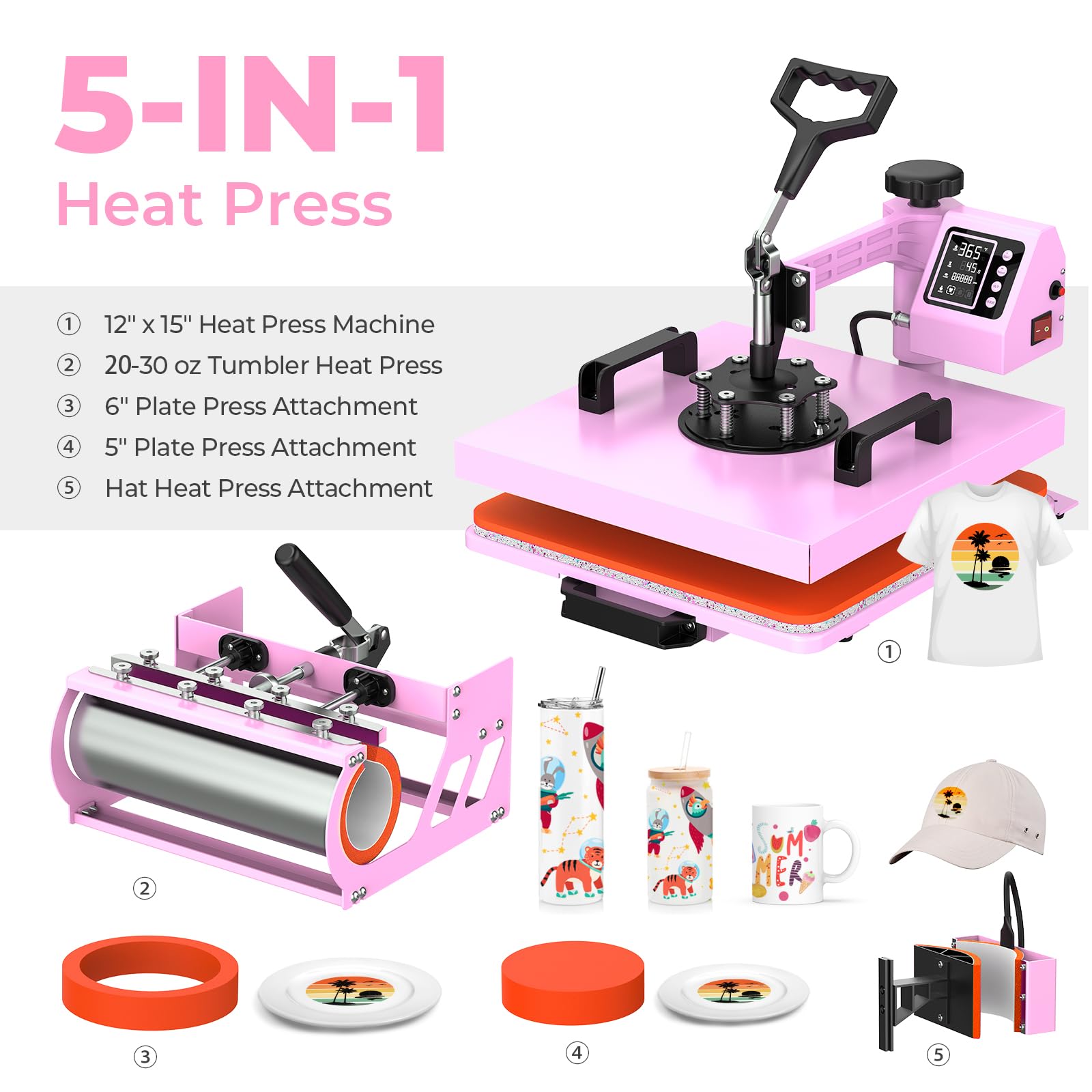 12x15 Inch 5-in-1 Heat Press Machine with 30oz Tumbler Attachment - Digital T-Shirt, Mug, Hat & Plate Heat Transfer Press for DIY Crafts & Small Business (Perfect for Custom Apparel, Drinkware & Promotional Items)