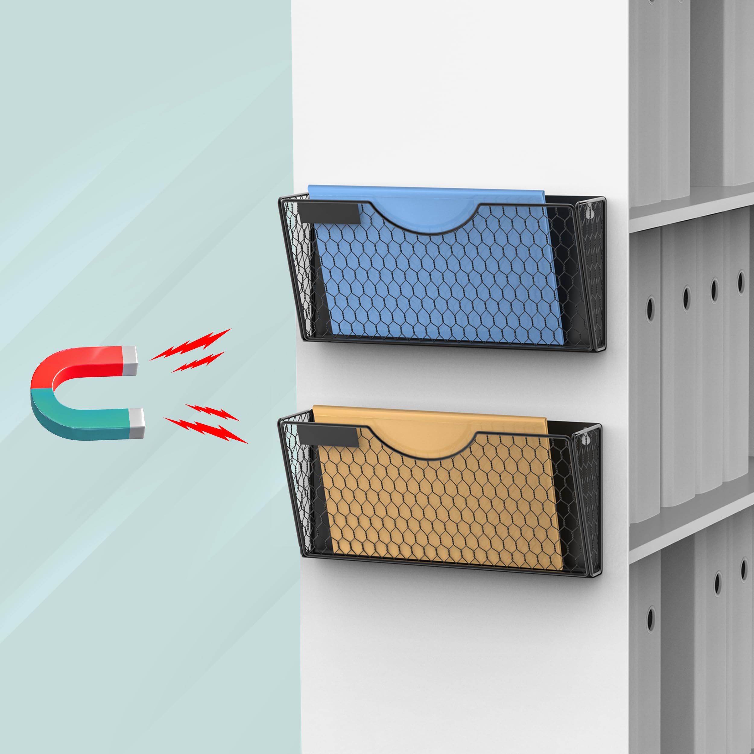 1-Tier Magnetic File Holder for File Cabinets, Refrigerator & Whiteboard - Black Magnetic Folder & Paper Organizer (2 Pack) - Perfect for Office, Home & Classroom Organization