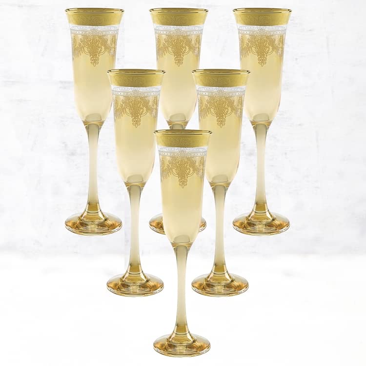 Elegant Modern Glass Drinkware Set - 9 oz Amber Flutes with Gold Band, Set of 6 - Perfect for Hosting Parties, Weddings & Special Events - Stylish Barware for Champagne, Cocktails & Celebrations