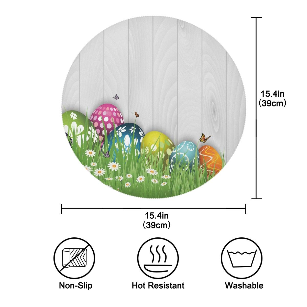 Easter Eggs Flower Butterfly Round Table Mats Set of 4 - Heat Resistant Non-Slip Polyester Placemats for Dining Table - Easter Kitchen Decor - Washable & Easy to Clean - Perfect for Holiday Dinners, Spring Celebrations & Home Decor