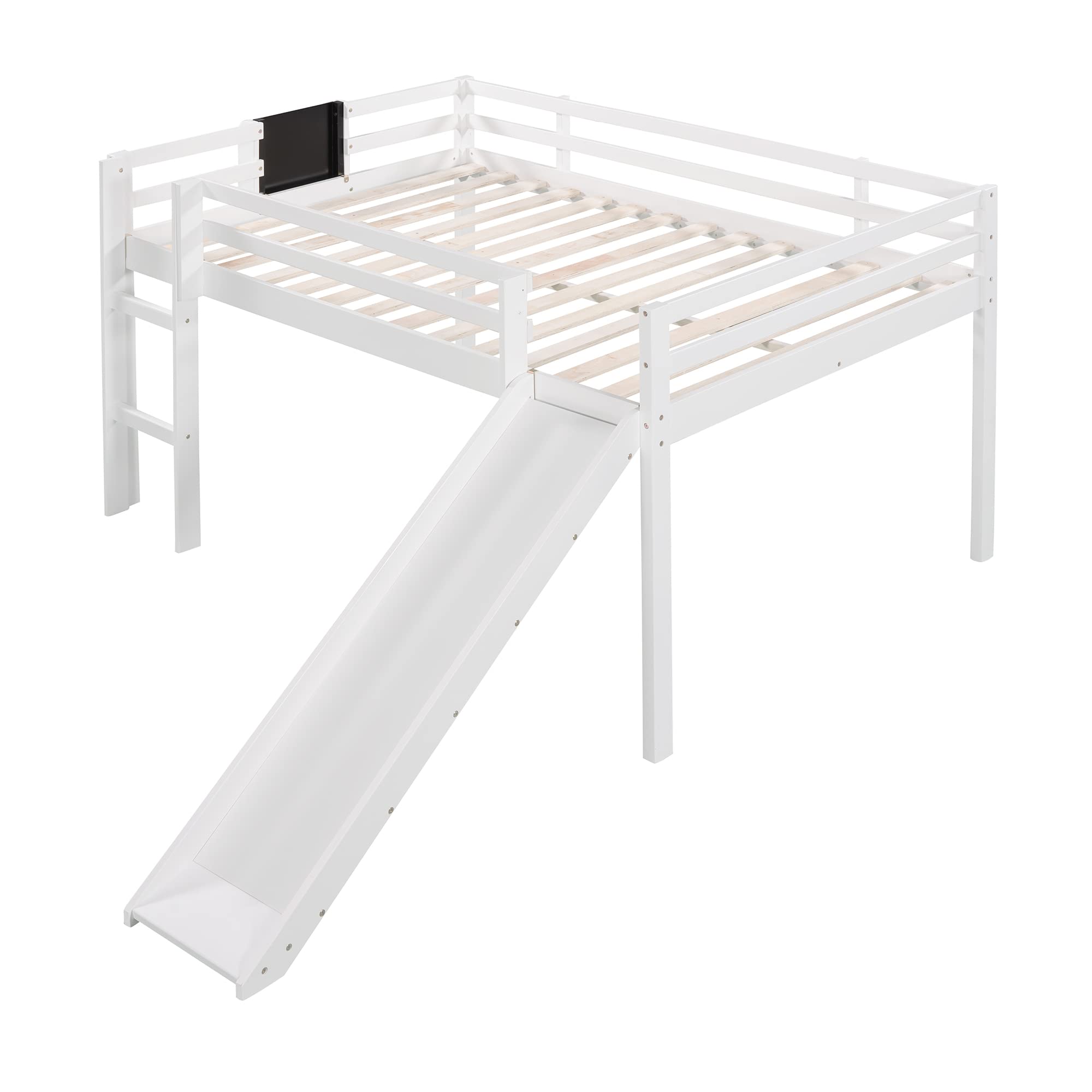 Merax Full Size Wooden Loft Bunk Bed with Slide - Junior Height for Kids & Teens, White | Space-Saving Bedroom Furniture for Small Rooms, Dorm, Playroom & Sleepovers