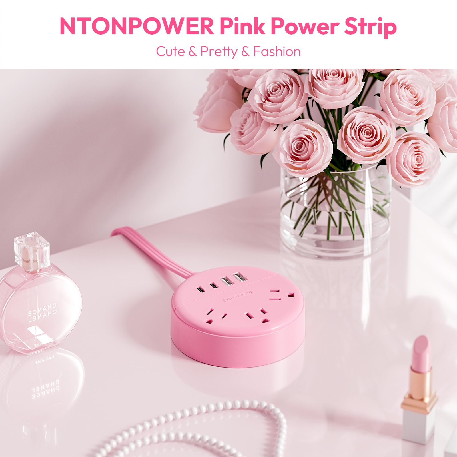 NTONPOWER 10 ft Pink Flat Plug Extension Cord with 2 USB-C & 2 USB-A Ports, Low Profile Power Strip for Under Carpet - Wall Mountable for Home, Office, Dorm Room, Vanity Desk & Nightstand | Perfect for Charging Devices, Powering Lamps & Small Appliances