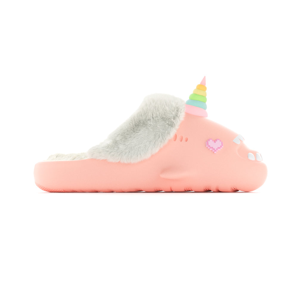 Sharkicks Pro Winter Unicorn Pixel Heart Eyes Open Heel Slippers - Cozy House Shoes for Women, Cute Fuzzy Indoor/Outdoor Slides - Perfect for Christmas Gifts, Lounge Wear & Home Comfort