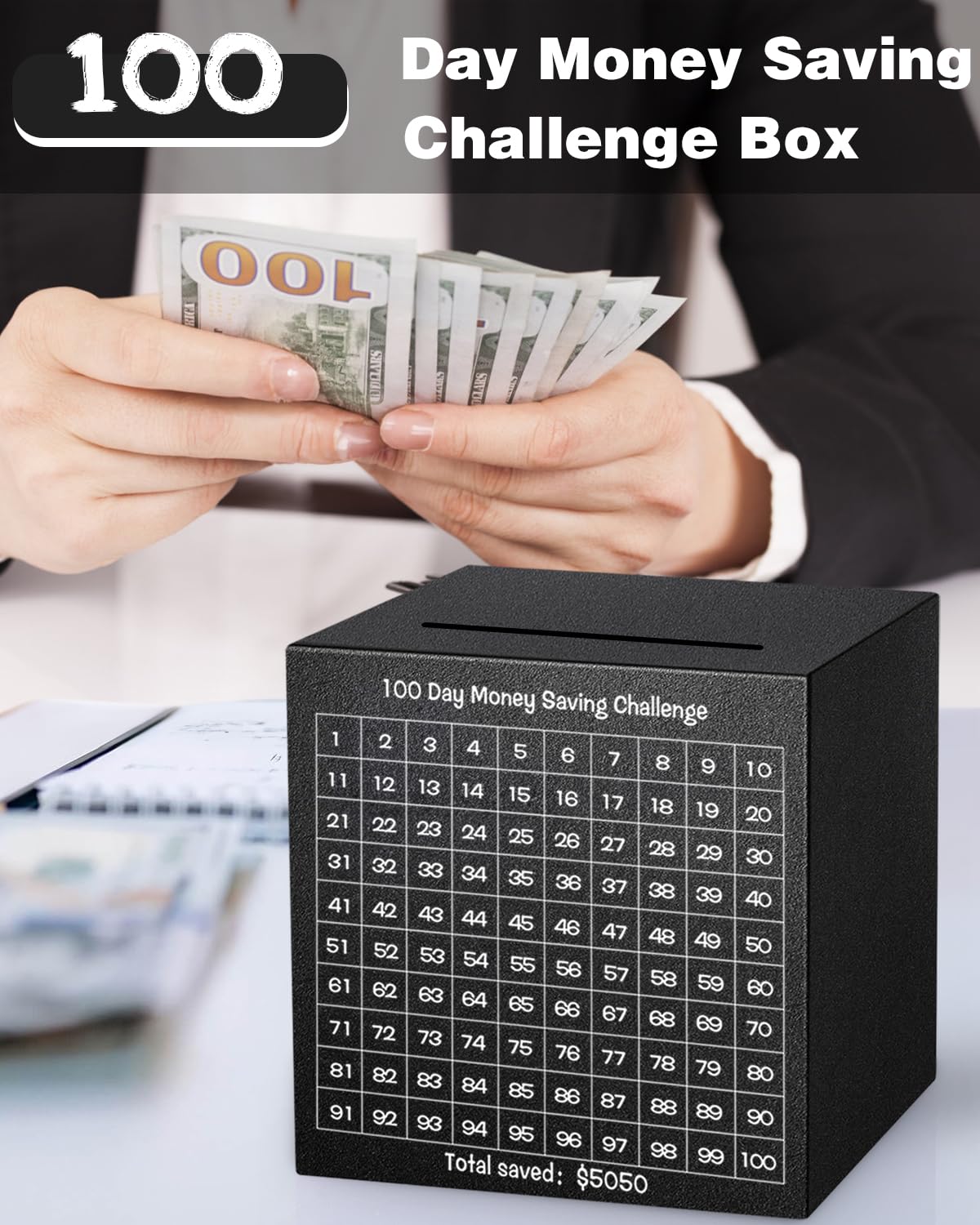 Unbreakable Metal Piggy Bank for Adults - Save $5,050 with 100 Day Money Challenge | Stainless Steel Savings Box (4.72 Inch, Black) | Must Break to Open | Perfect for Budgeting, Emergency Funds & Financial Goals