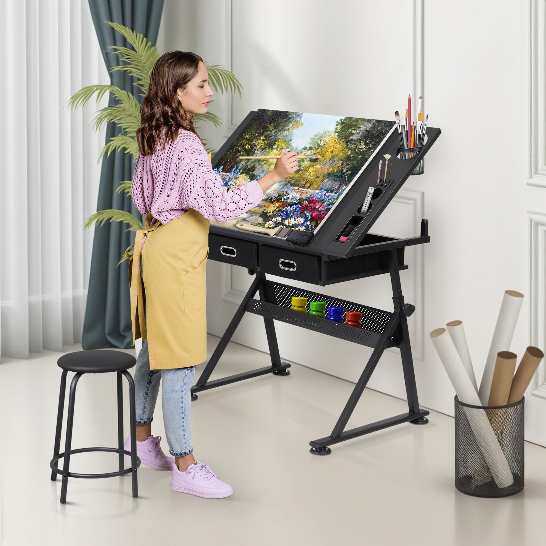 Adjustable Height Drafting Desk with 2 Storage Drawers - Ergonomic Drawing Table for Artists, Architects & Home Office Work - Perfect for Painting, Sketching & Remote Work - Black