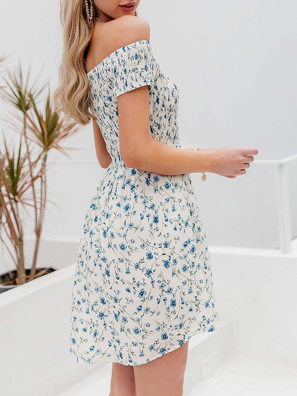 BerryGo Women's Vintage Floral Print Off Shoulder High Waist Mini Dress - White Summer Beach Party Dress for Vacation, Date Night & Boho Outfits