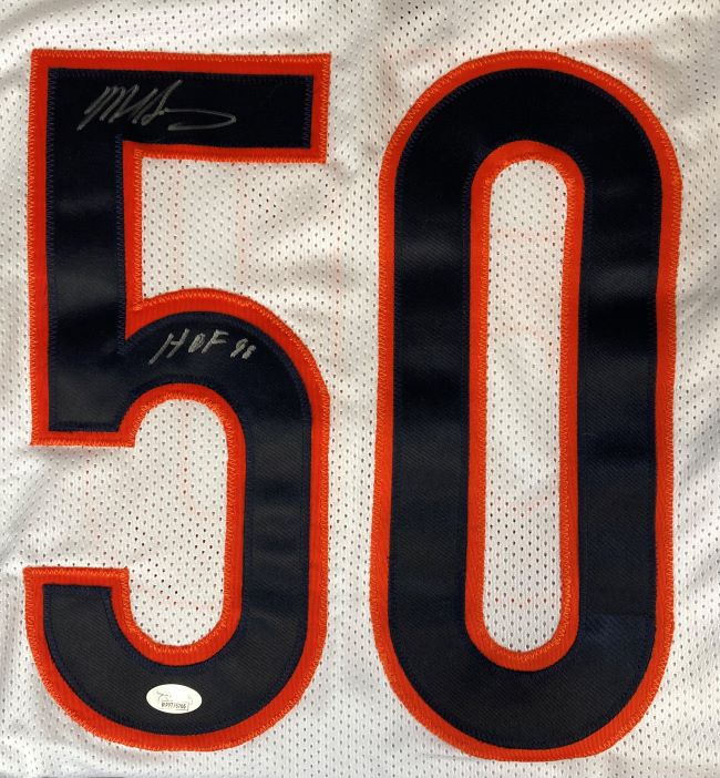 Mike Singletary Autographed Chicago Bears White Football Jersey - HOF 98 Inscription with JSA Certification - Perfect for NFL Memorabilia Collectors and Sports Fans Display